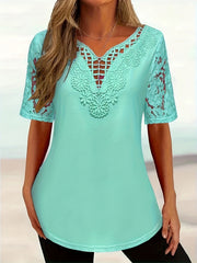 Directional Development Women'S Solid Color Lace Patchwork V - Neck Short Sleeve Summer Casual Fashion New T-Shirt - veyora