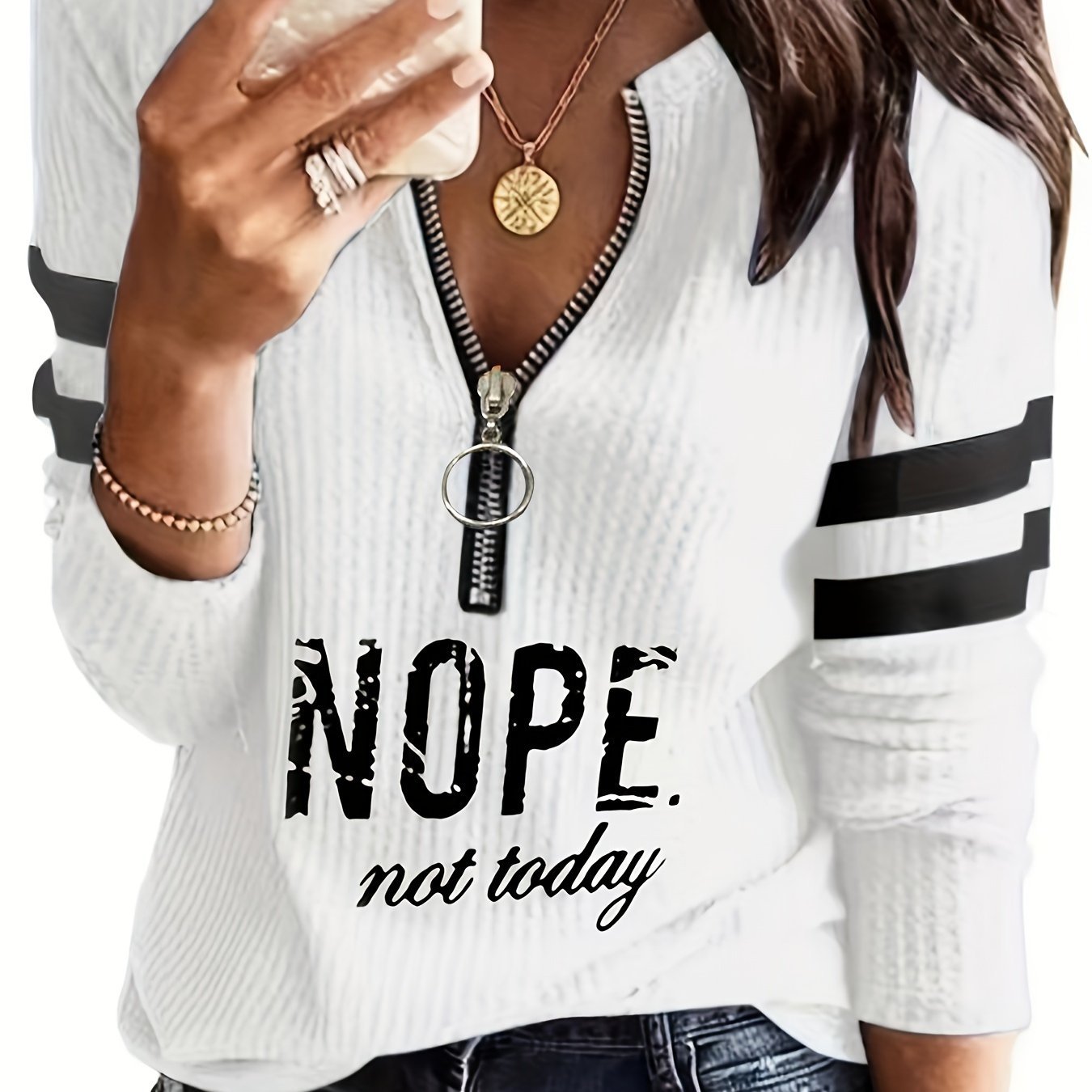 Stripe & Letter Print Zip Front T-Shirt, Casual Long Sleeve Top for Spring & Fall, Women's Clothing - veyora