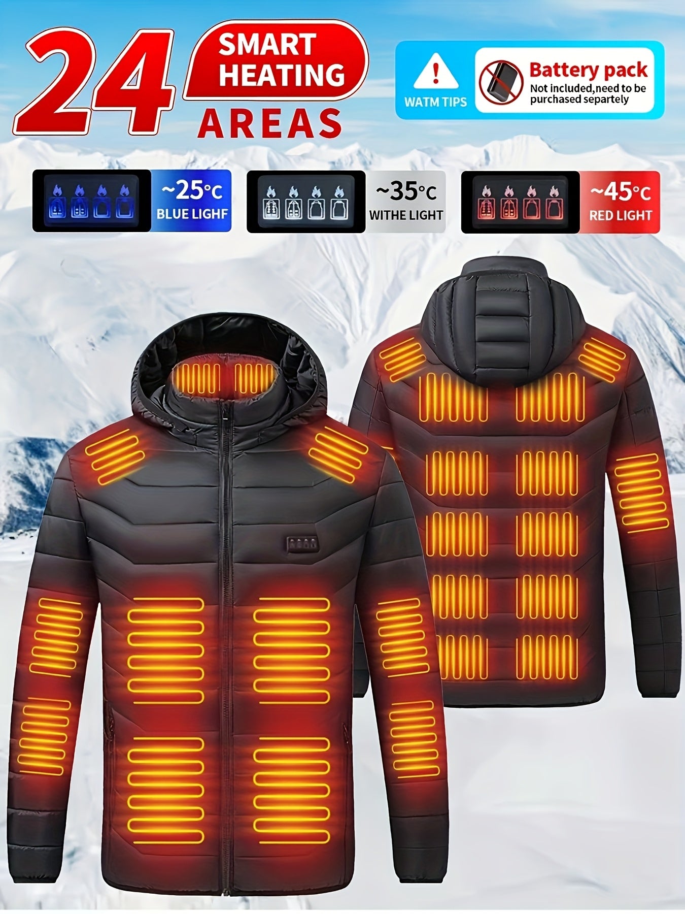 This Is a Smart Heating Jacket for Both Men And Women That Operates Without a Power Supply. It Features Usb - Powered Heating Across 24 Zones with an Adjustable Temperature Range from - 5 °C to +25 °C. The Jacket Is Hooded, Fully Zippered - veyora