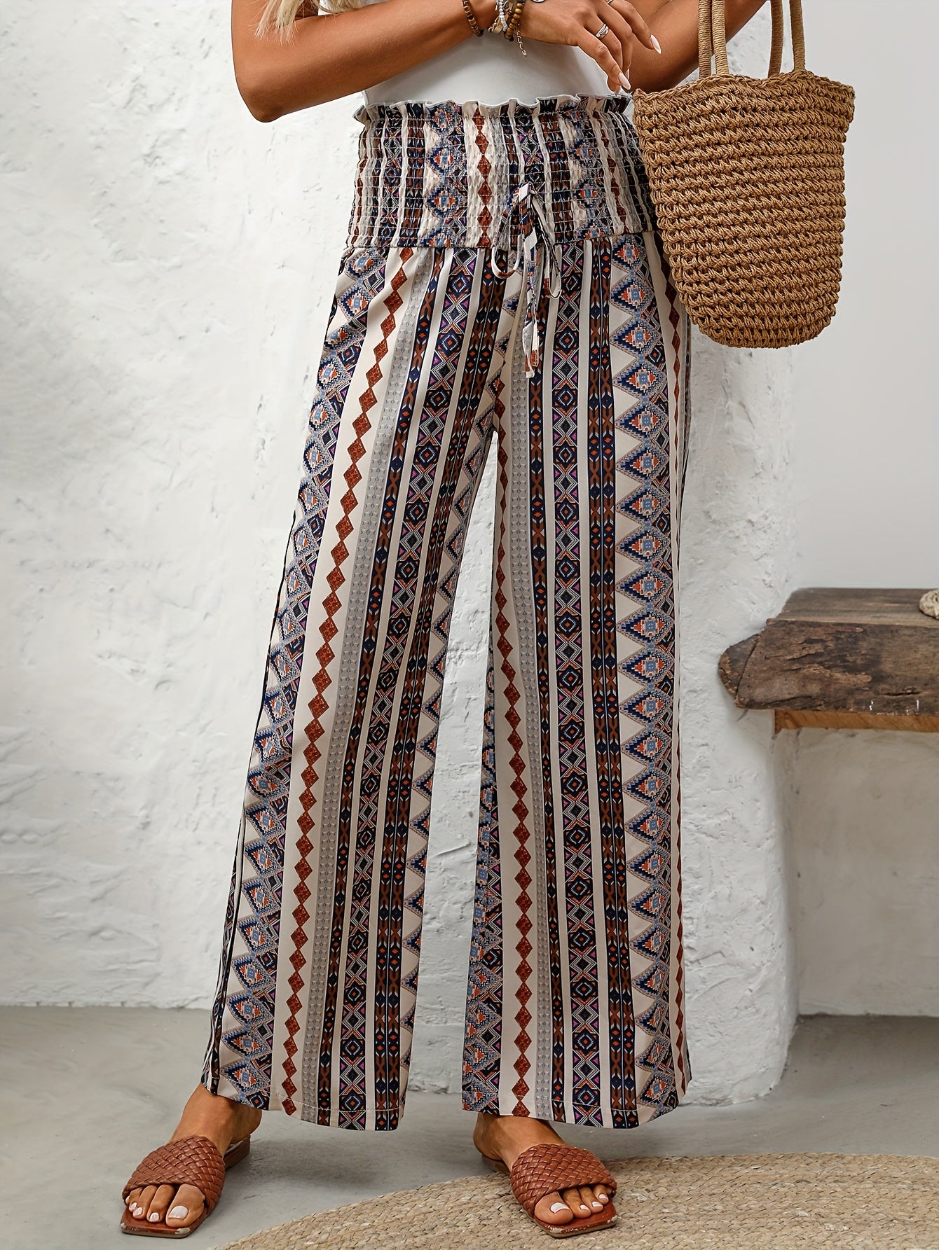 Vacation Seaside Tourism And Leisure Wide Leg Pants with Ethnic Style Printed Collar Pants Bohemian Women'S Pants - veyora