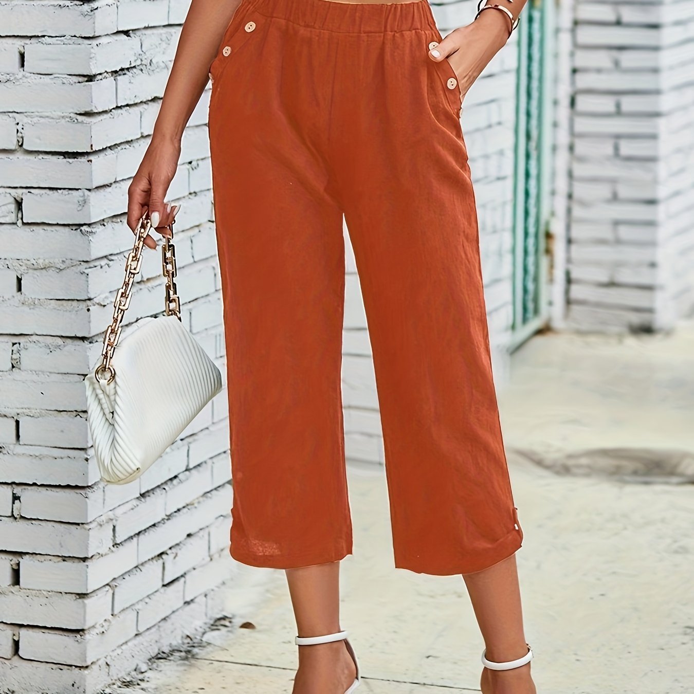 Elegant Directional Decorative Button Casual Capri Pants for Women - veyora