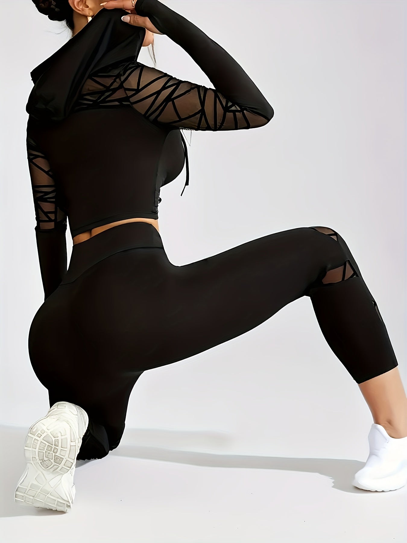 A New Style Women'S Casual Sports Long - Sleeve Cropped Hoodie, Lightweight And Thin, Featuring a Sexy Geometric Mesh Design with Thumb Holes, Comfortable And Breathable, Quick - Drying, Suitable for Workouts, Fitness, Yoga, Dance, Running - veyora