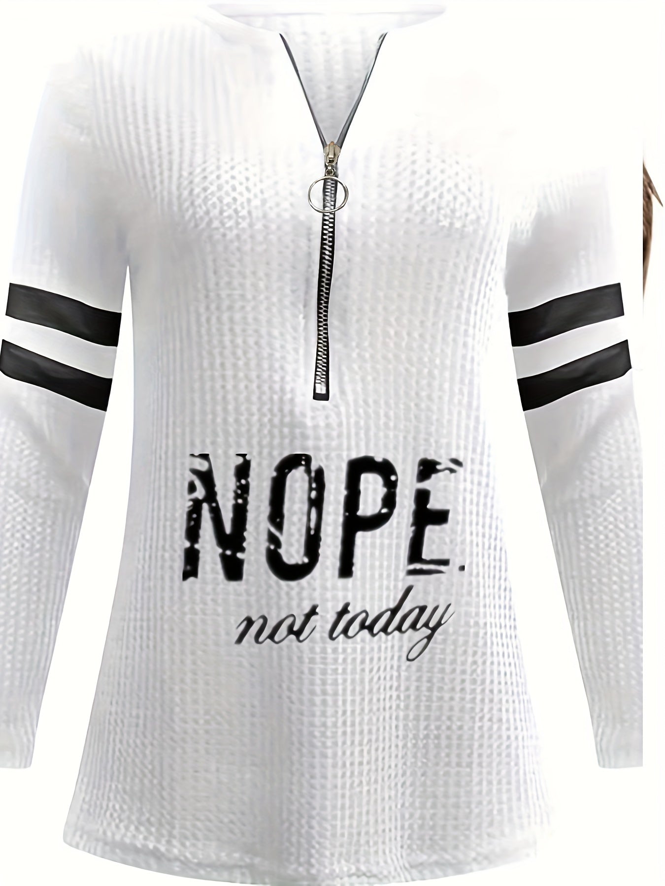 Stripe & Letter Print Zip Front T-Shirt, Casual Long Sleeve Top for Spring & Fall, Women's Clothing - veyora