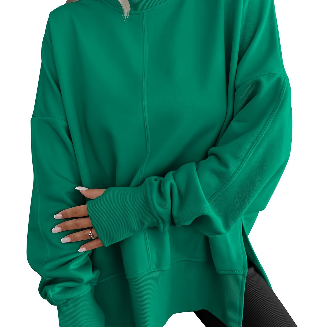 Casual Women'S Hoodie Featuring a Loose Fit, Side Slits, Round Neckline, Batwing Sleeves, And a Velvet Material - veyora