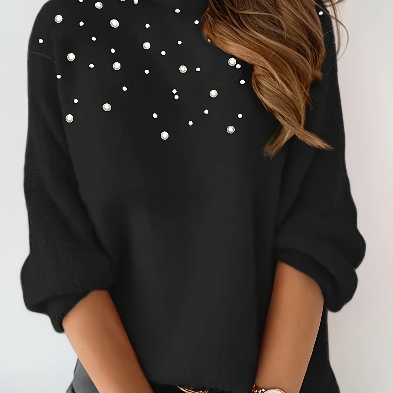 High - Neck Fashion Pearl Beaded Pullover, Long Sleeve Casual Women's Sweater - veyora