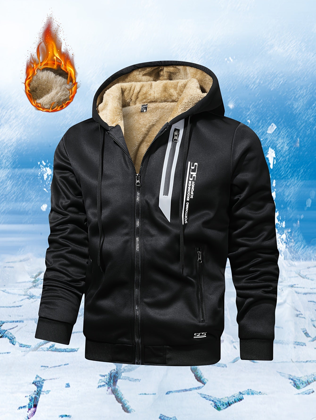 Men'S Winter Fleece - Lined Hooded Jacket - Warm, Thickened Polyester Sportswear with Zipper Closure and Side Pockets for Casual and Athletic Use - veyora