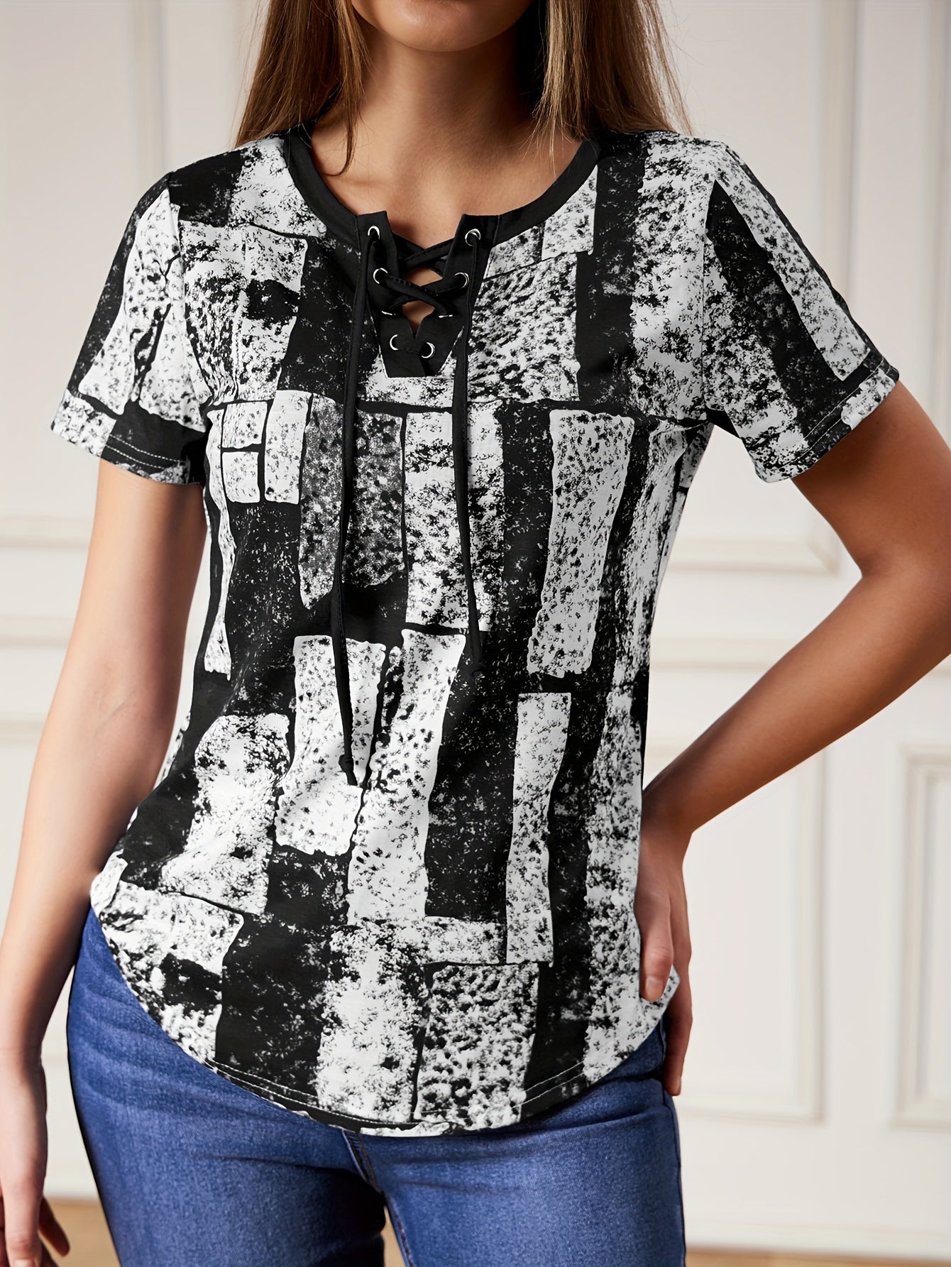 Women's Casual V - Neck T-Shirt with Adjustable Lace - Up Detail & Geometric Print - Navy Blue Summer Top, Regular Fit, Machine Washable, Ladies T Shirts, Medium Elasticity Fabric - veyora