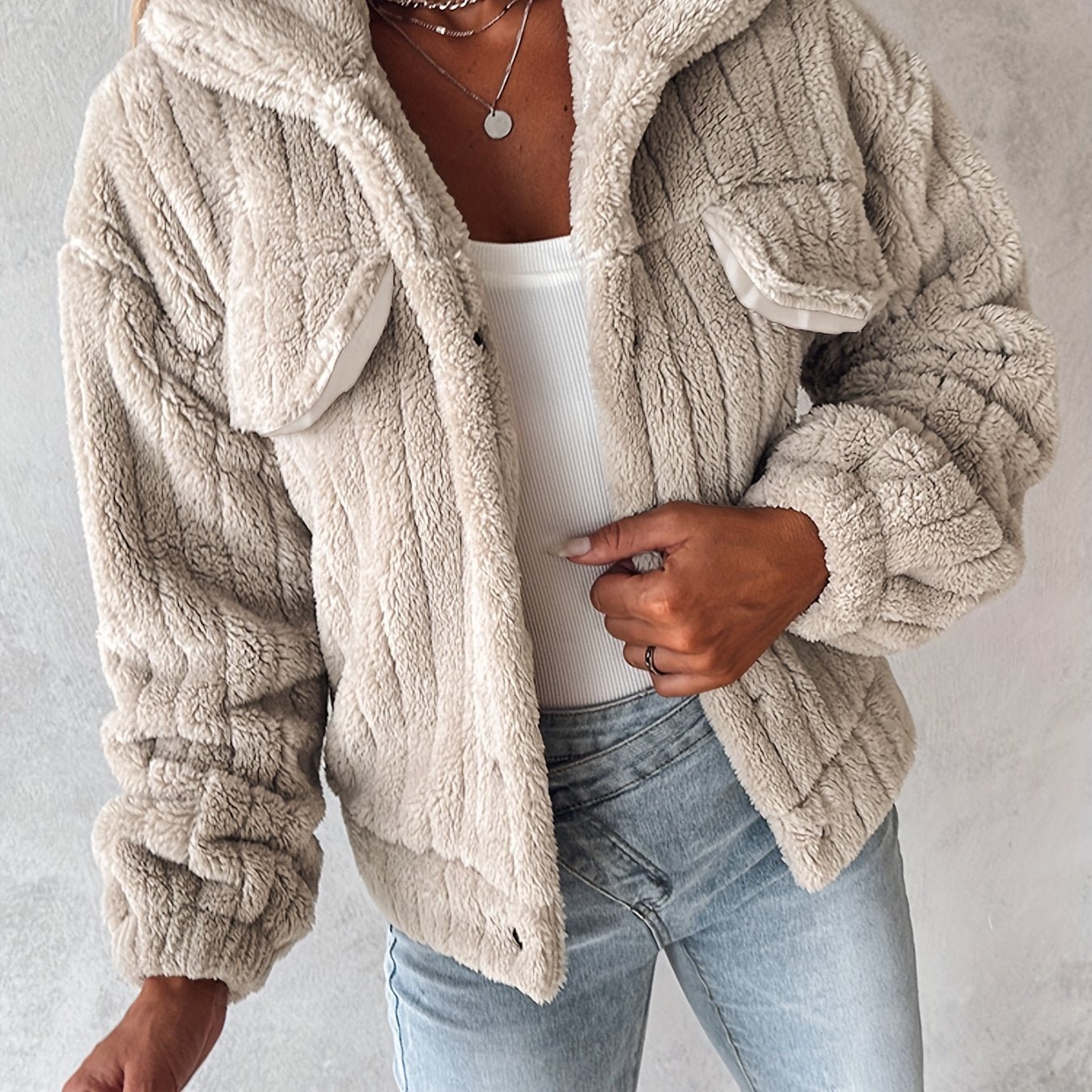 Women's Plush Casual Jacket - Soft Pink Winter Coat with Stand - Up Collar & Button Front, Machine Washable Fall/Winter Outerwear for Everyday Comfort, Buttonup Front, Cozy Fabric - veyora