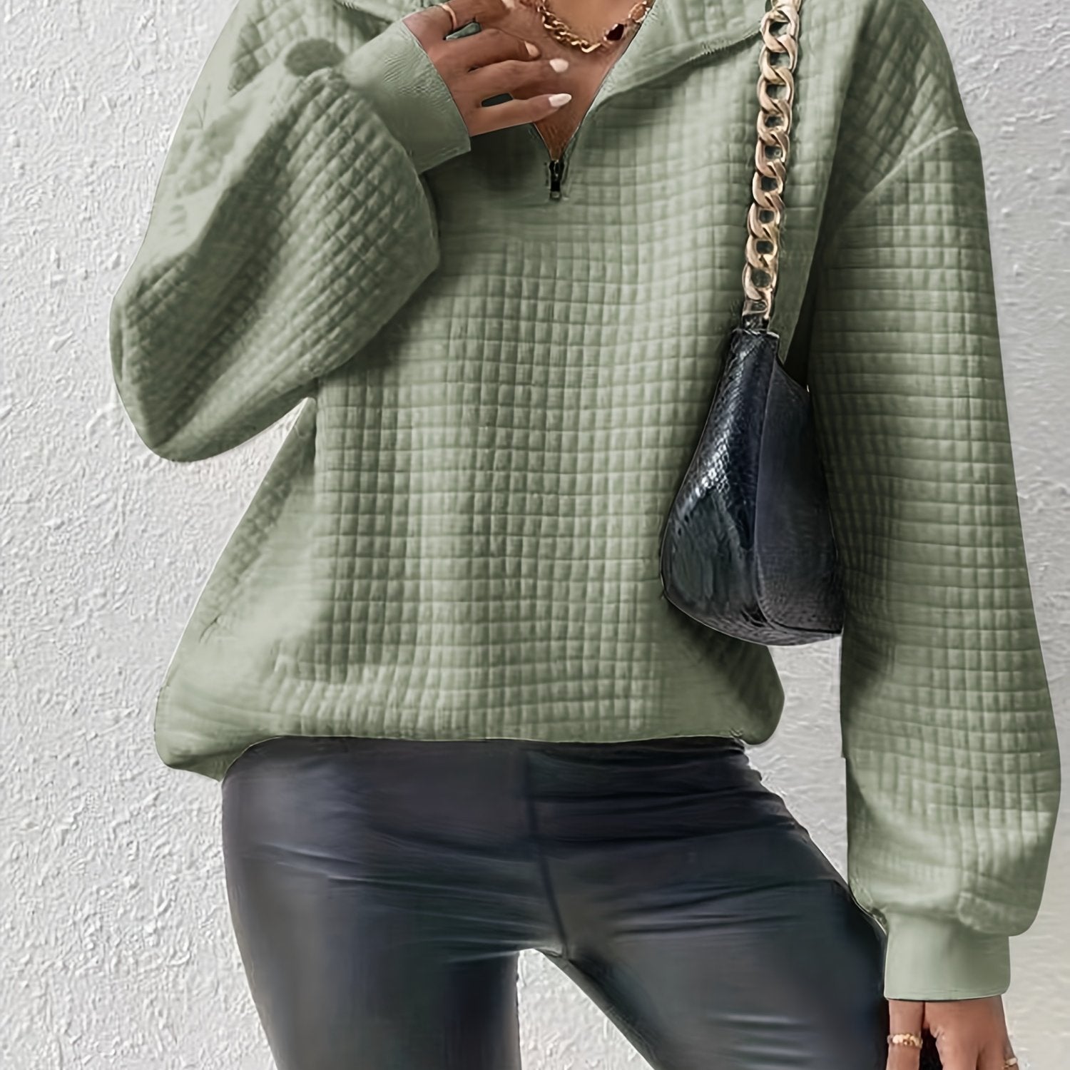Waffle Grid Quarter Zip Pullover Sweatshirt, Casual Long Sleeve Lapel Sweatshirt For Fall & Winter, Women's Clothing - veyora