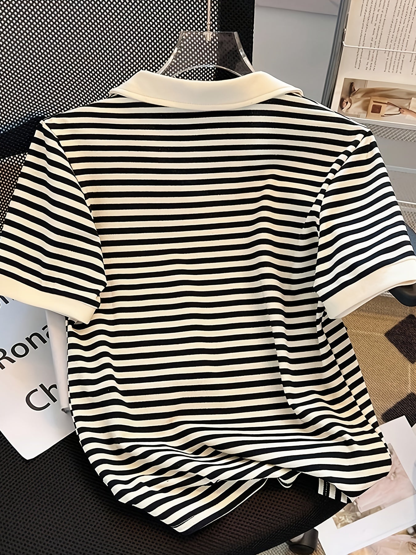 Knight Stripe Embroidered Women's Neck Short Sleeve T-Shirt, Stylish Stripe Contrast Color Versatile Casual Summer Top, Machine Washable All - Season Comfort Fit - veyora