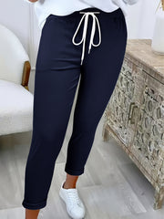 Women's Solid Color Casual Wide - Pants with Elastic Drawstring Waist - Trousers Suitable for, Casual Attire & Semi - Formal Attire - Machine Washable Solid Color Pants - veyora