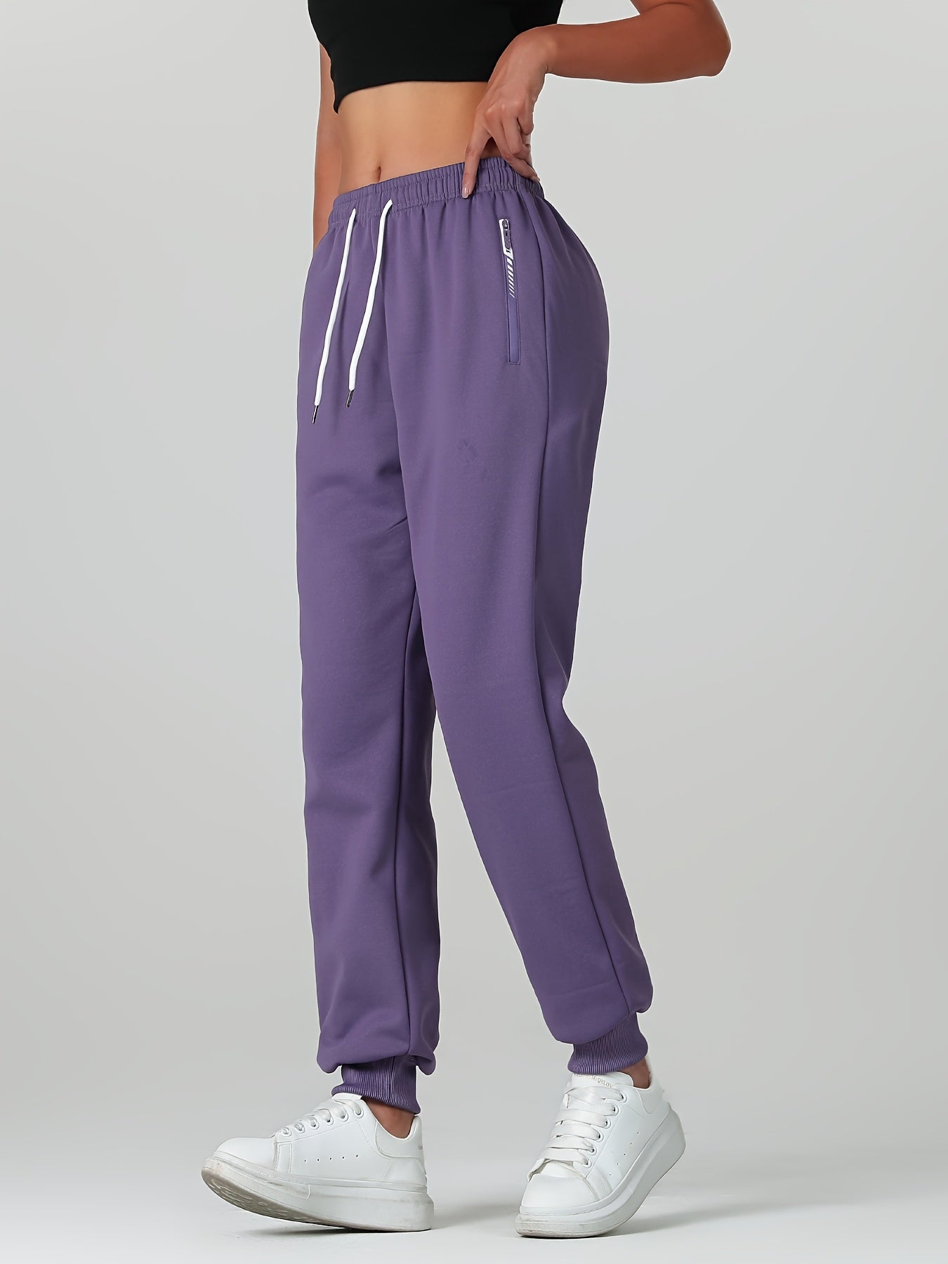 1pc of Autumn/winter Women's Long Pants, - lined Warm Casual Sweatpants for Women, Featuring an Elastic Drawstring Waist, Angled High Quality Zippered Pockets, and Windproof Thermal Cuffed Pants, Suitable for Daily Winter Wear at Home - veyora