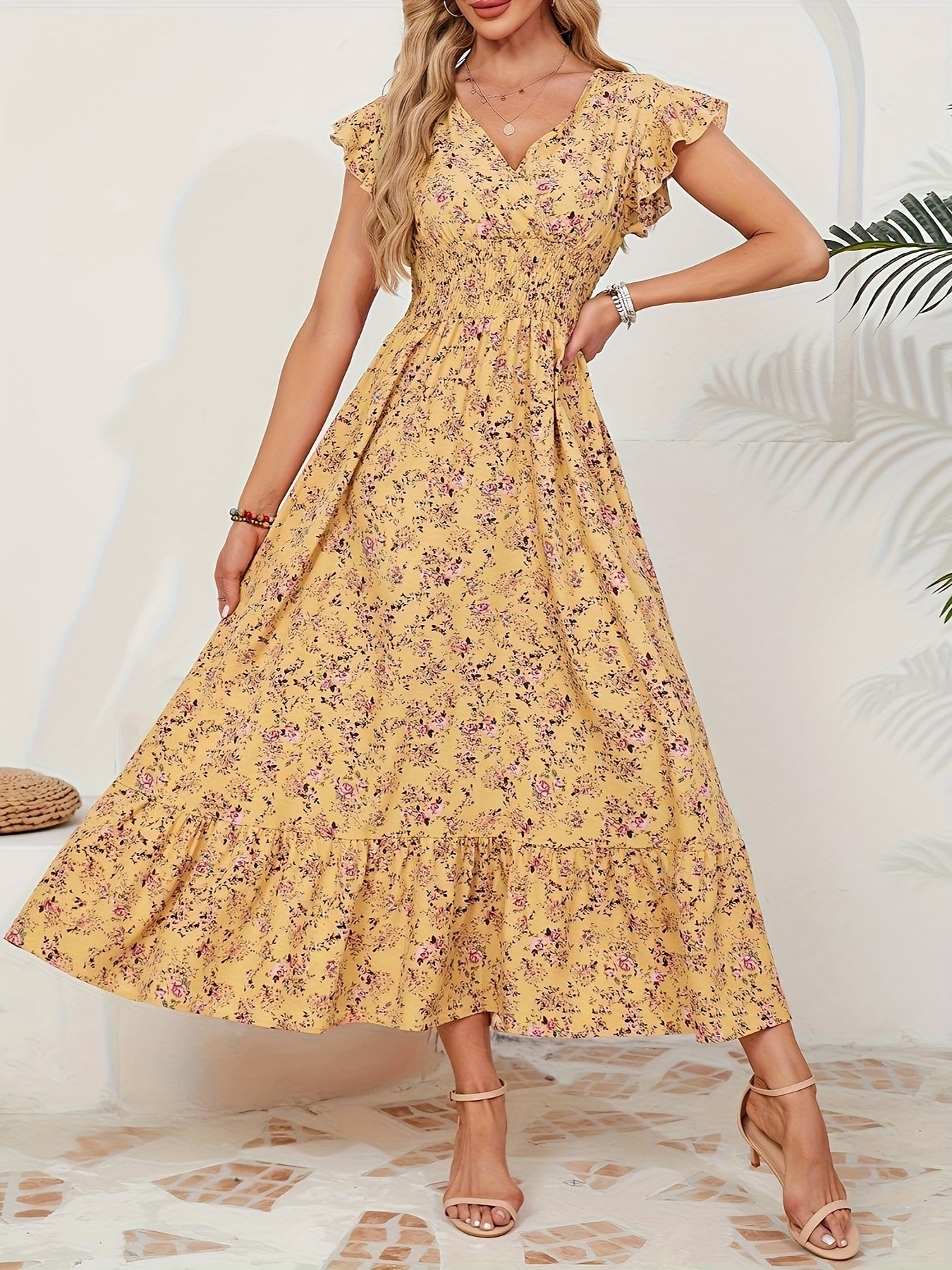 Vacation-Themed Floral Waist-Tied Dress