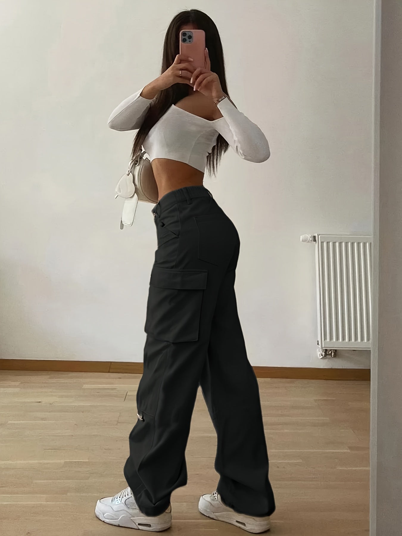 Designer Cargo Pants with Flap Pockets, Women's Elegant Casual K2Y Solid Color Trousers, Women's Pants - veyora