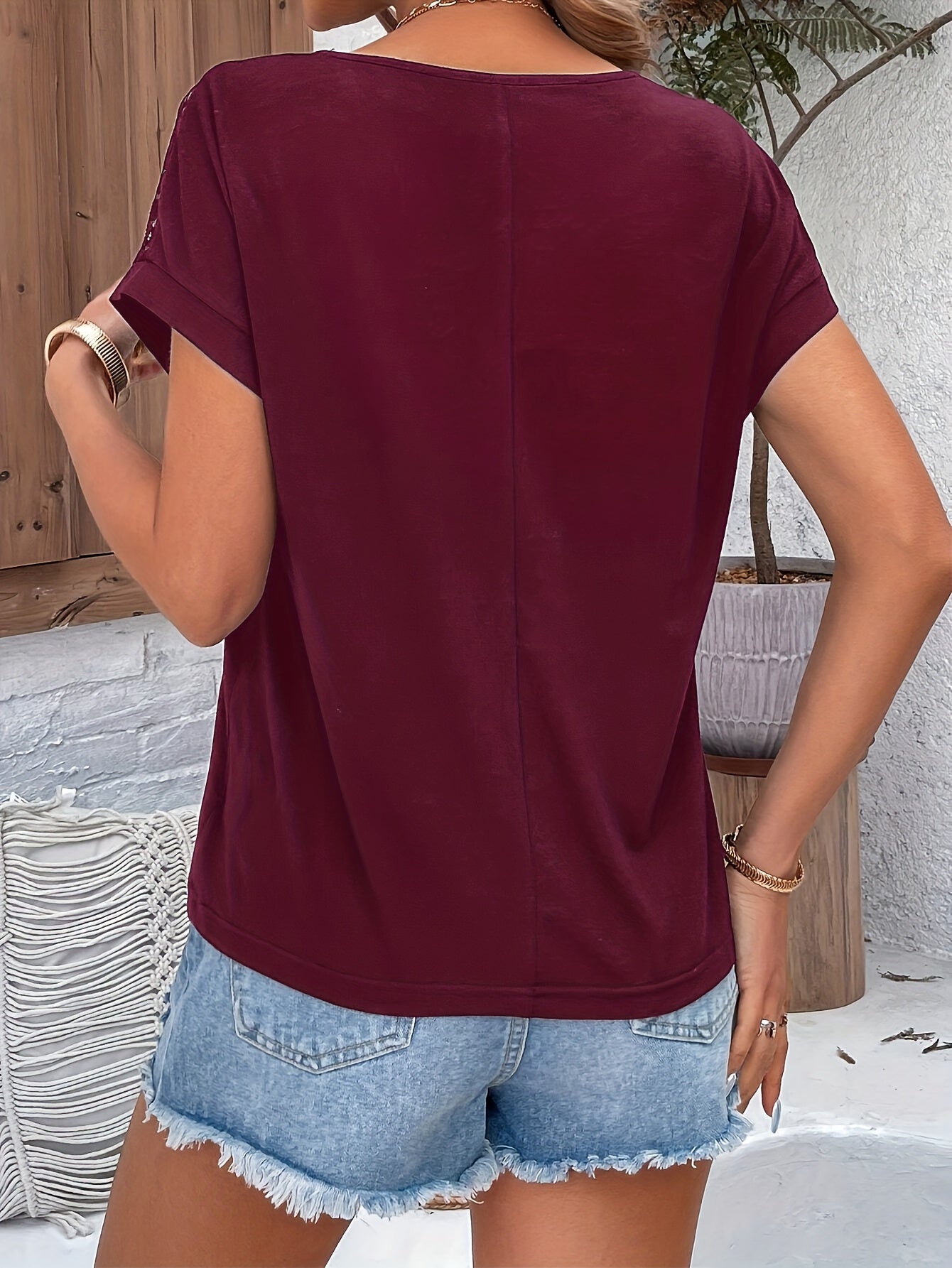 Vacation - style Lace Off - shoulder Batwing Short - sleeve T-shirt - veyora