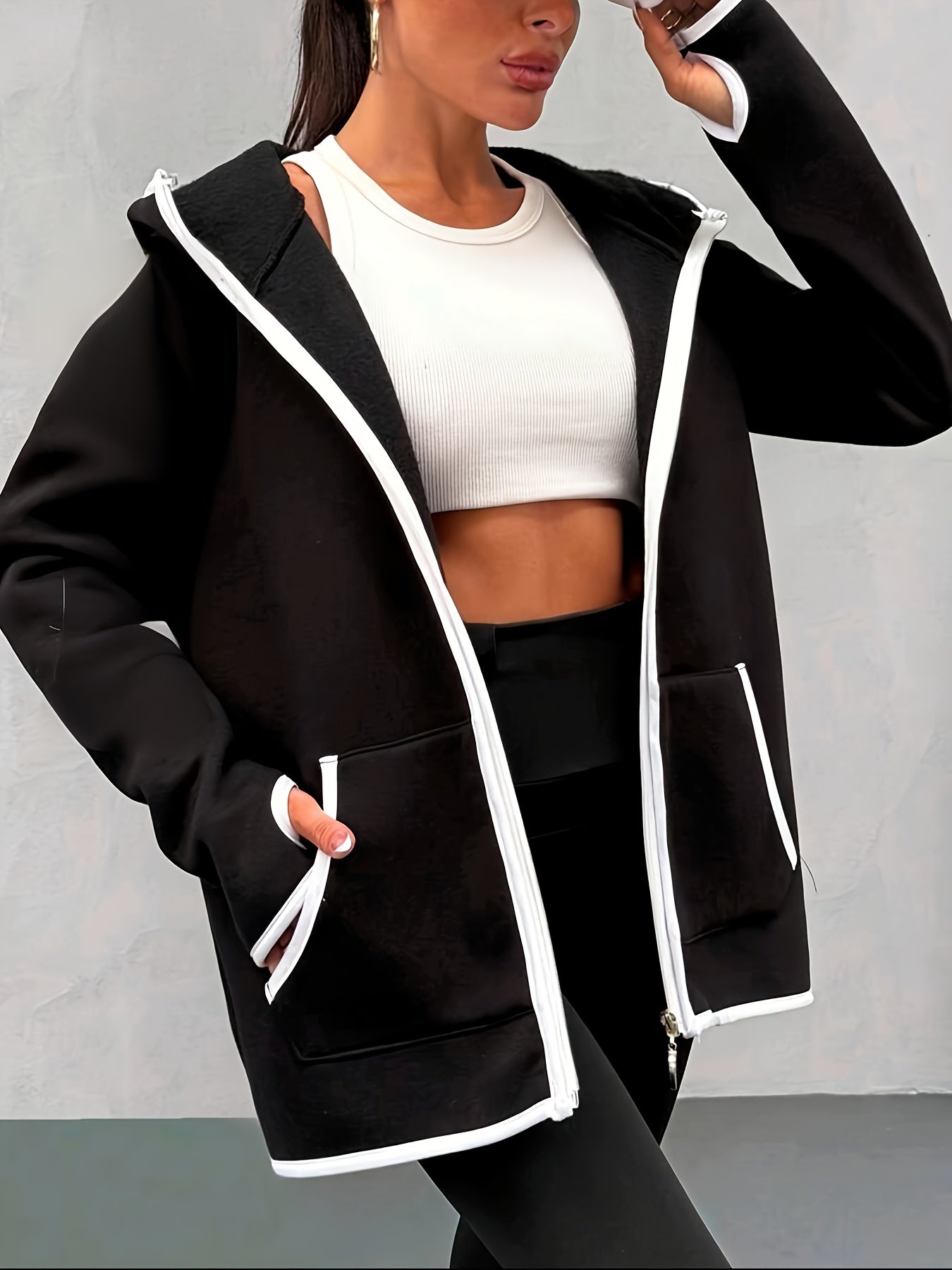 Women's Solid Color Autumn/Winter - Lined Thickened Drawstring Hoodie Sweatshirt Jacket with Pockets, Zipper, White Line Design, Thumb Holes at Cuffs, and Other Multi - Functional Casual Sport Features - veyora