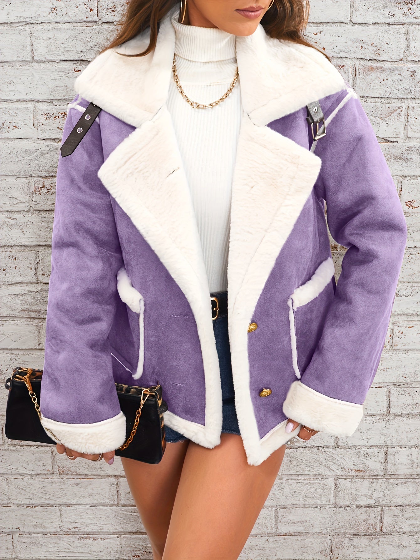 Women's Elegant Burgundy and Cream Faux Fur-Lined Winter Jacket - Chic Double-Breasted Outerwear with Pockets, Machine Washable, Lightweight Jacket
