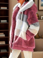 [Stylish Winter Coat] Warm Fleece-Lined Women's Hooded Winter Coat - Stylish Brown & White Geometric Pattern, Casual Fall/Winter Jacket with Zipper Pockets, Plush Panel Design