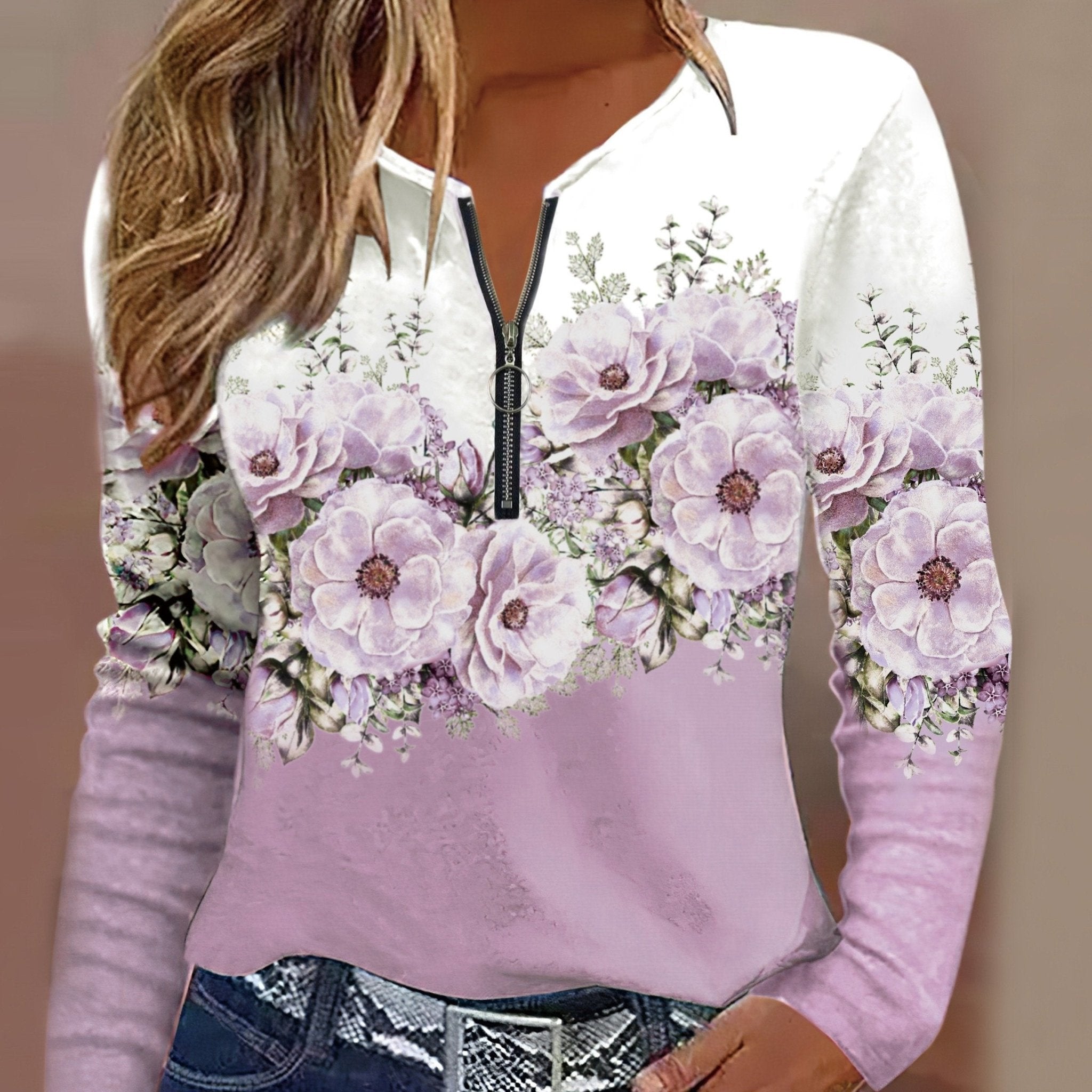 Floral Print V - neck T-Shirt, Casual Zipper Front Color Block Long Sleeve T-Shirt, Women's Clothing - veyora