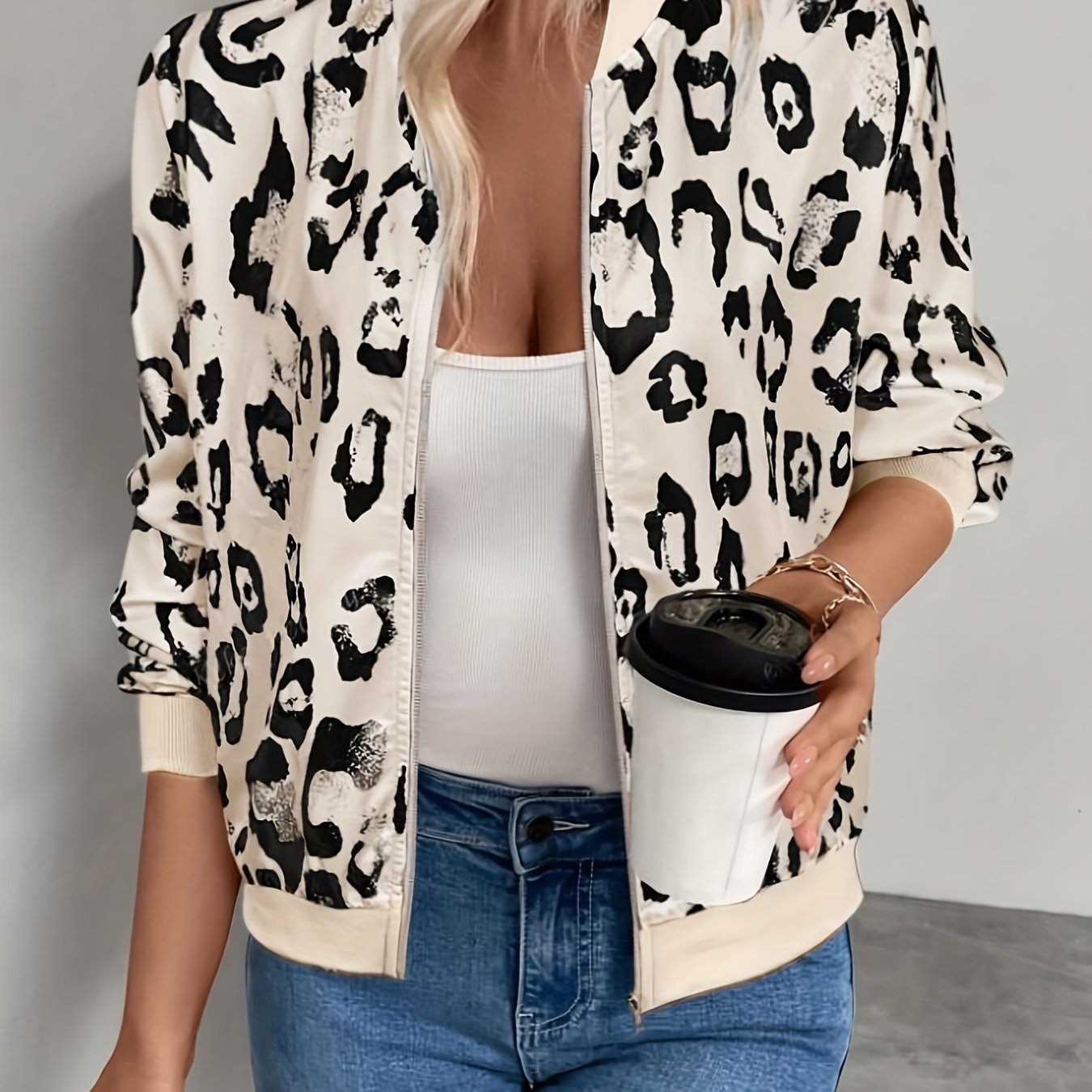 Women's New Leopard Print Ribbed Cuff Zip - Up Lightweight Casual Jacket, Fashionable and Elegant Commuter Vacation Outerwear for Daily Wear in Spring, Summer, and Autumn - veyora