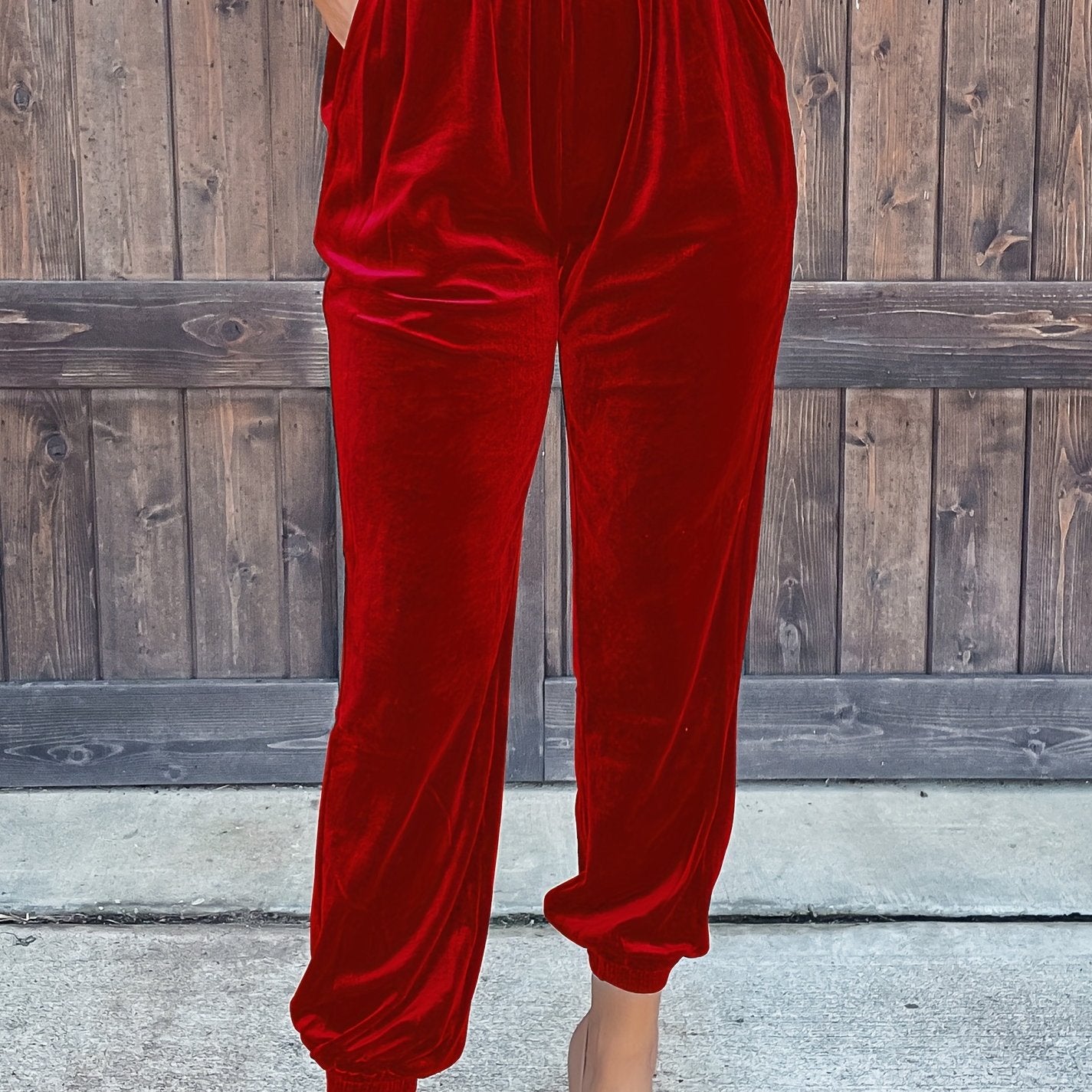 Solid Slant Pockets Pants, Casual Elastic Waist Pants For Spring & Fall, Women's Clothing - veyora