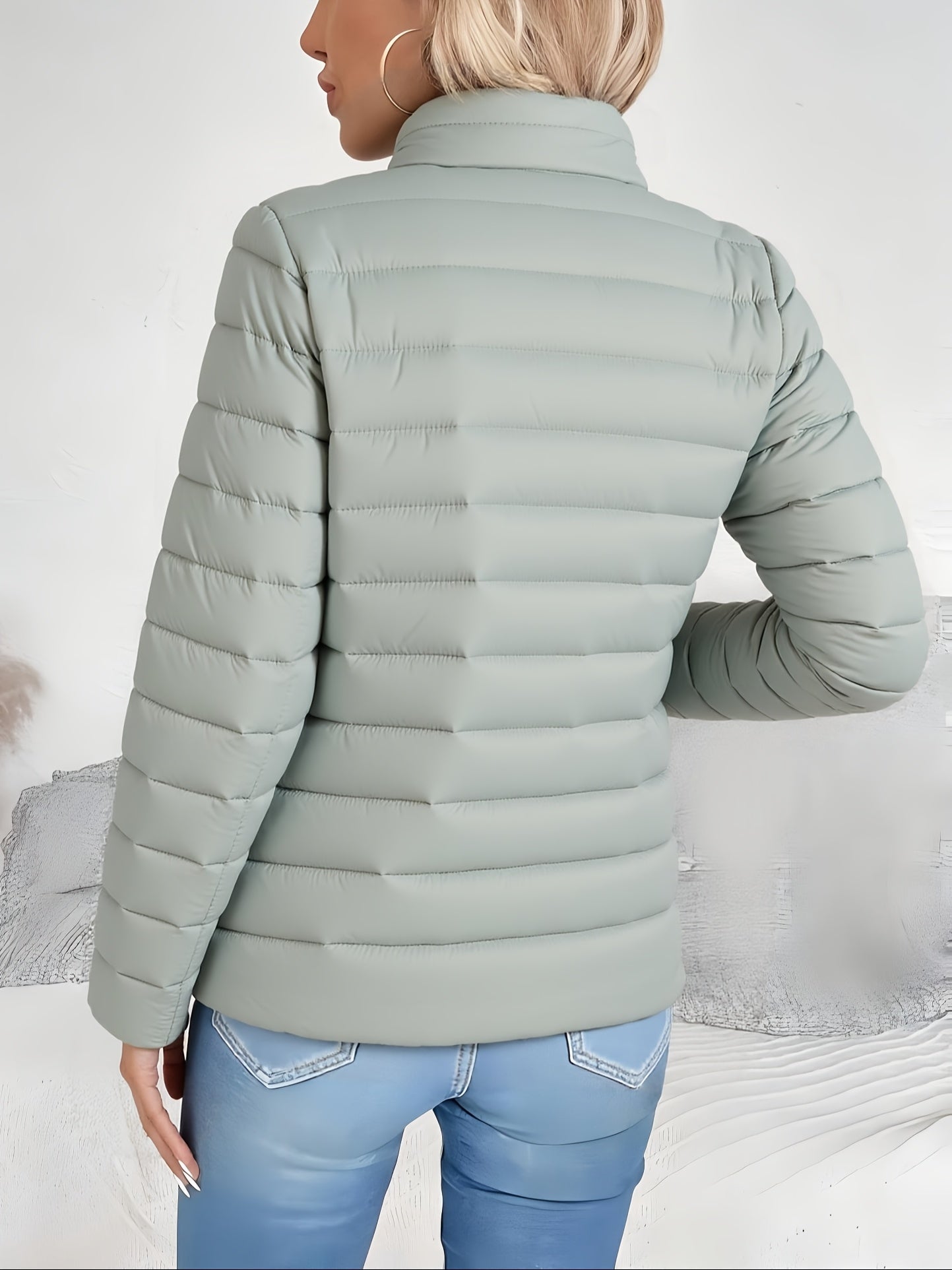 Women's Spring Slim - Fit Lightweight Warm Solid Color Jacket - Elegant Fashion Versatile Beautiful Coat - Stand Collar Zipper Long Sleeve - Casual Padded Polyester Short Coat - Winter Clothing - veyora