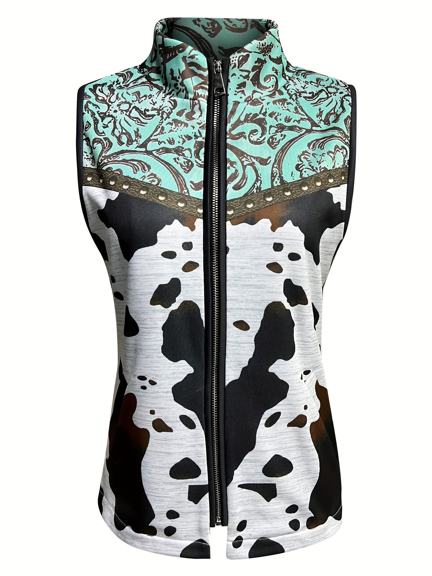 Directional Development of New Autumn And Winter Abstract Cow Print Pocket Zip - Up Casual Versatile Vests for Women - veyora
