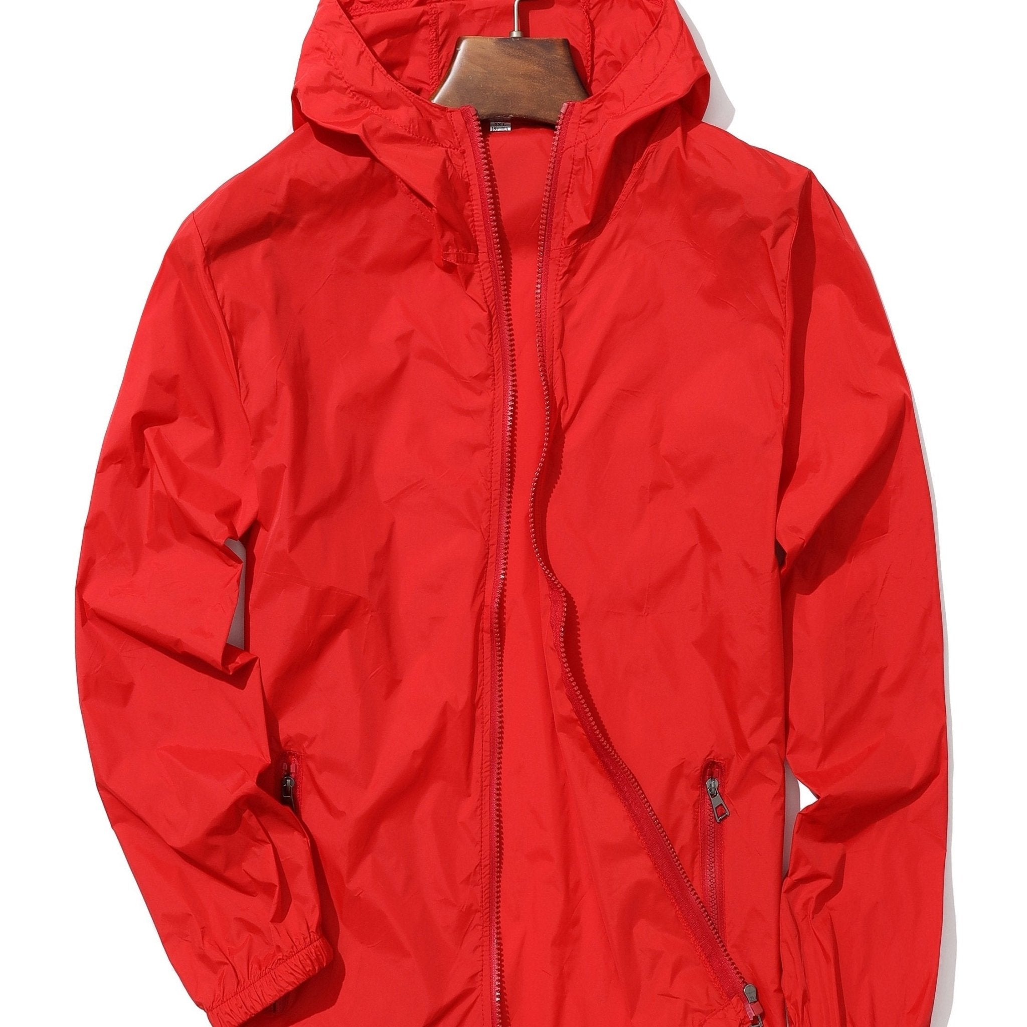 Lightweight Breathable Quick - Dry UV Protection Hooded Windbreaker Jacket for Men & Women - Spring Summer Outdoor Casual Wear, Bright Red with Black Accents, Machine Washable - veyora