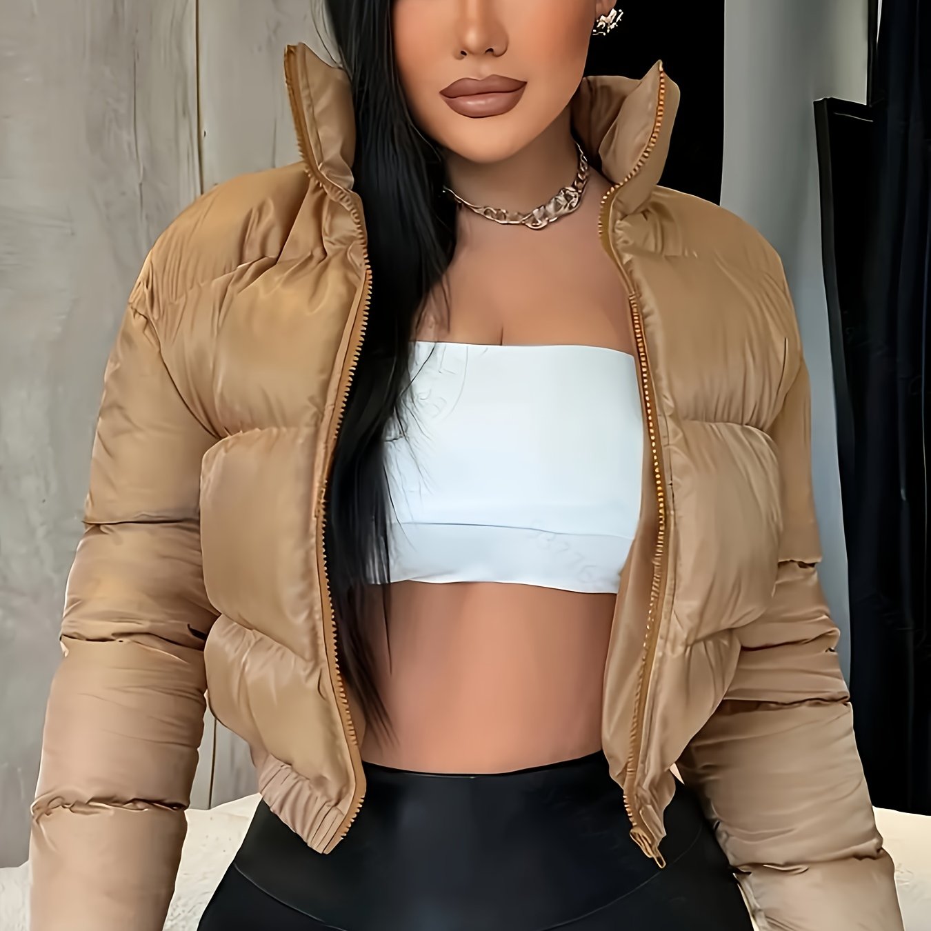 A Fitted Solid Color Zip - Up Jacket with Directional Design, Y2K Long - Sleeve Cropped Jacket for Women - veyora