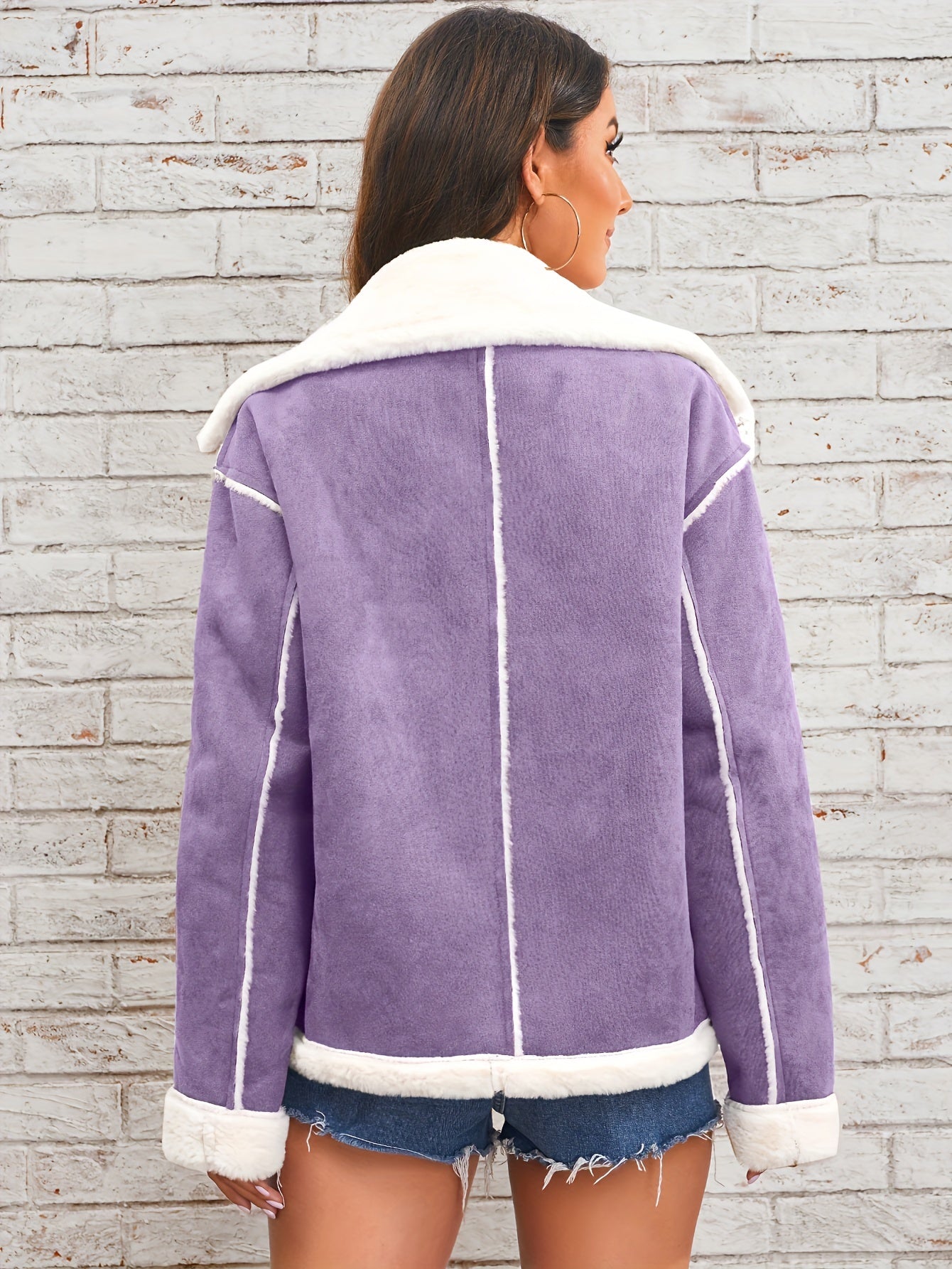 Women's Elegant Burgundy and Cream Faux Fur-Lined Winter Jacket - Chic Double-Breasted Outerwear with Pockets, Machine Washable, Lightweight Jacket