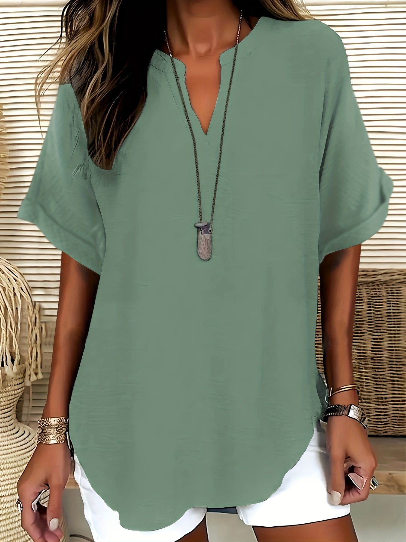Women's V - neck Drop Shoulder Sleeves Solid Color Loose Short Sleeve Shirt Top - veyora
