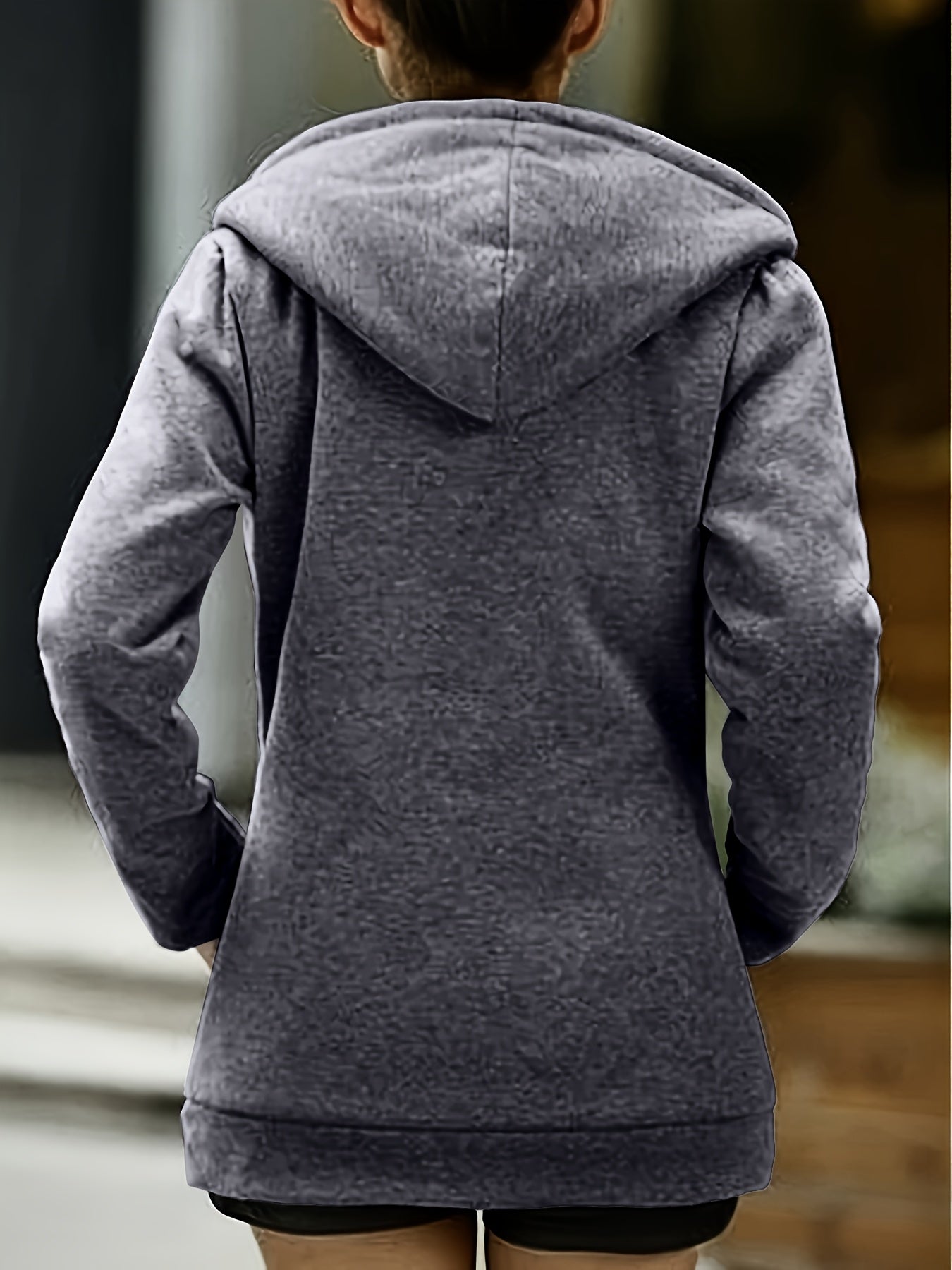 Women'S Autumn And Winter Fleece Hooded Jacket, Windproof And Warm, Stylish And Casual, Long - Sleeved, Solid Color with Patch Pockets And Zip - Up Front - veyora