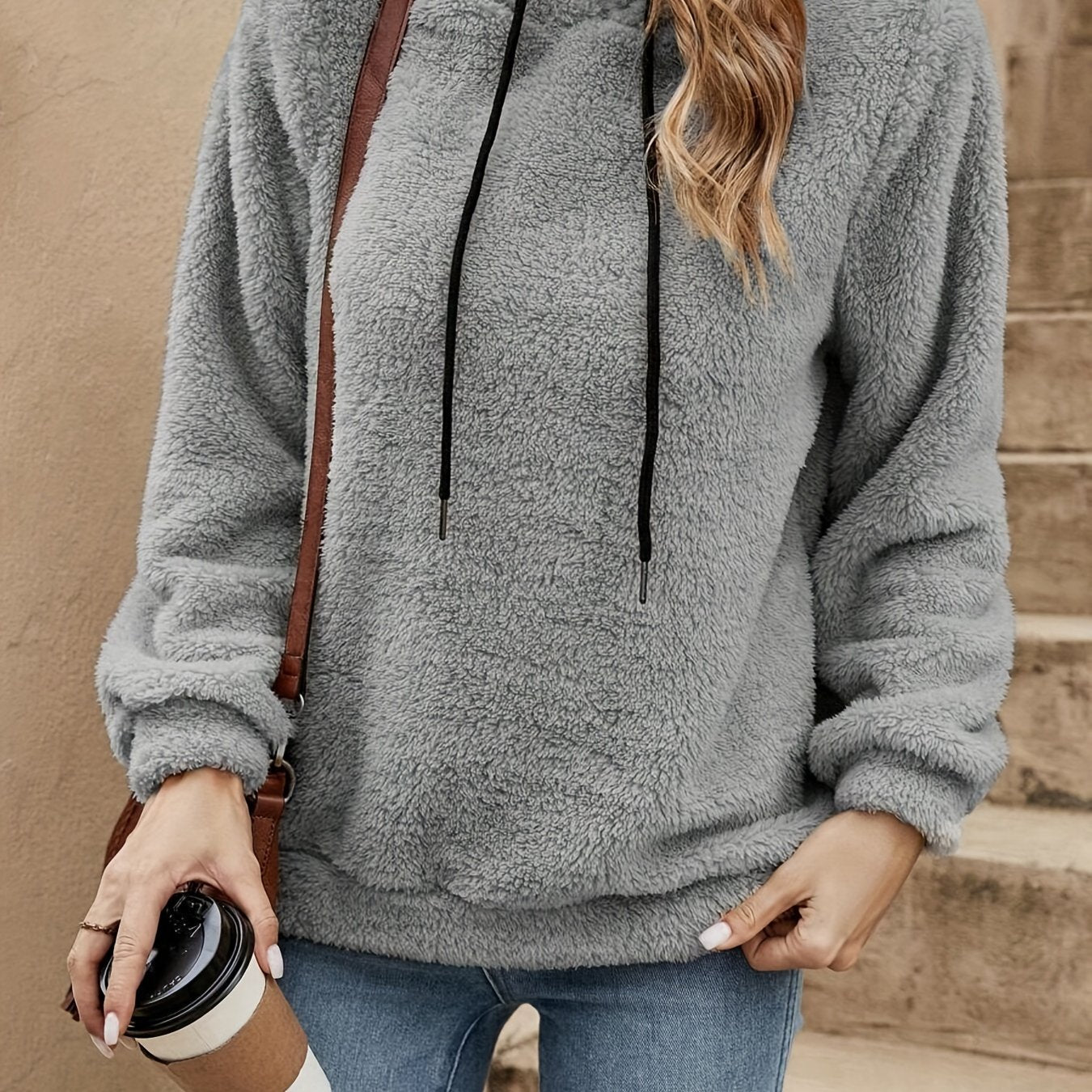 Solid Color Teddy Hoodie, Casual Long - Sleeve Drawstring Sweatshirt, Women'S Clothing - veyora