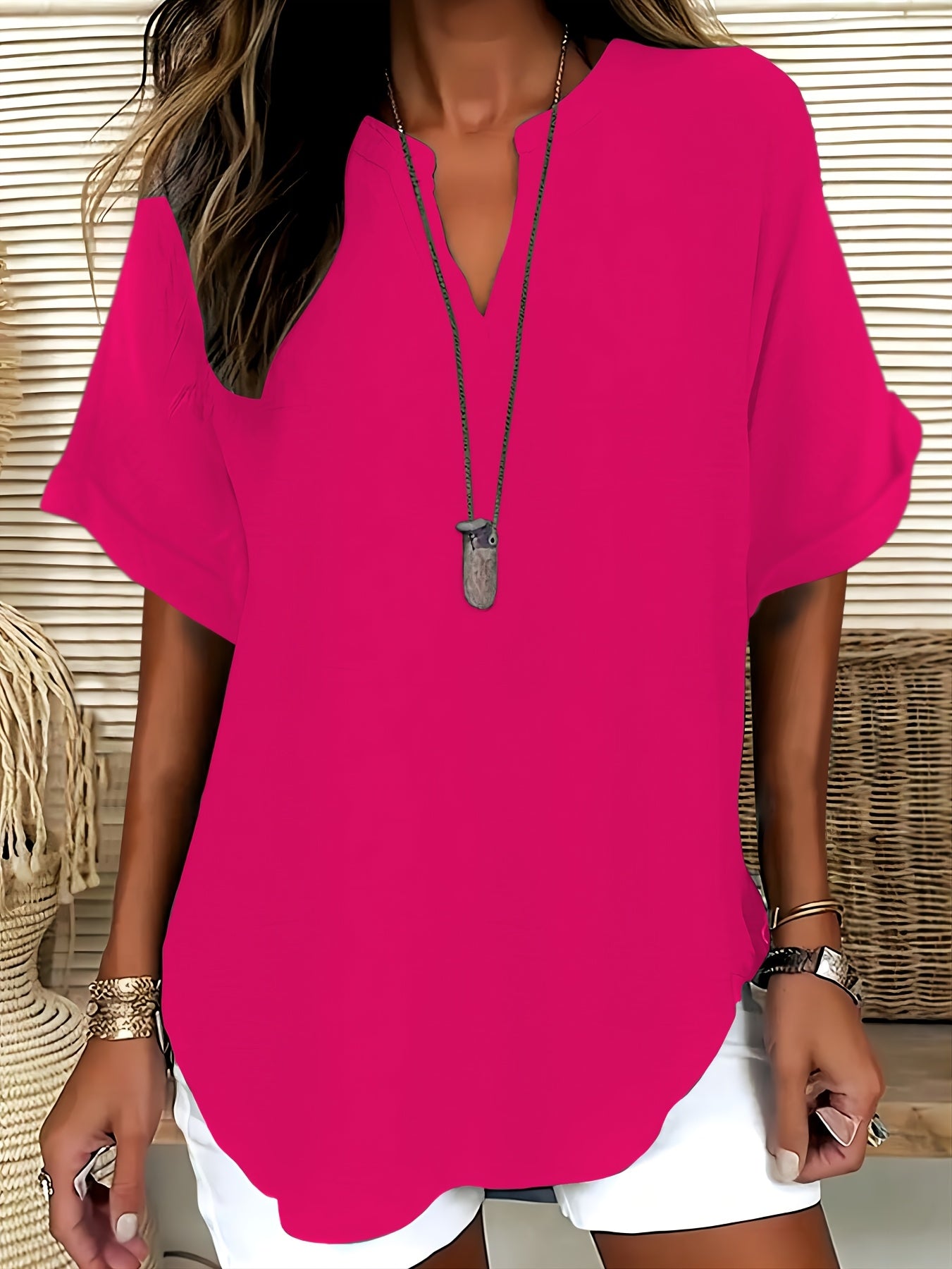 Women's V - neck Drop Shoulder Sleeves Solid Color Loose Short Sleeve Shirt Top - veyora