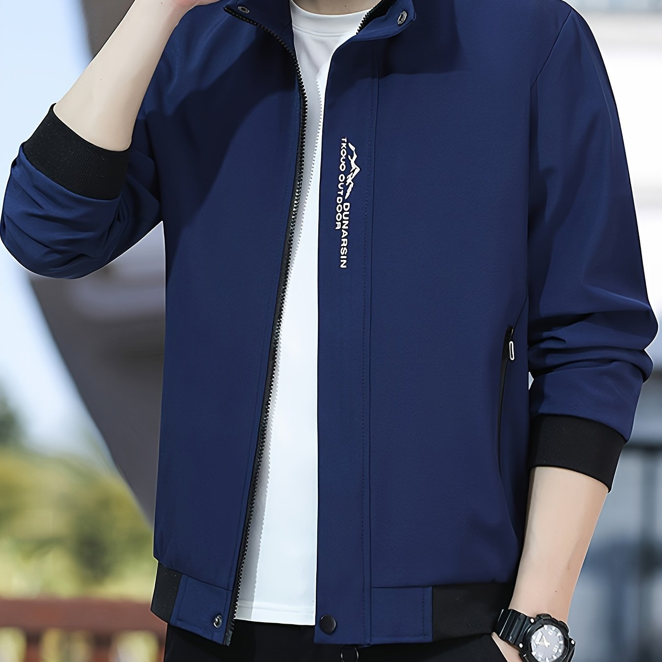 Men's Casual Zip Up Jacket, Chic Stand Collar Bomber Jacket - veyora