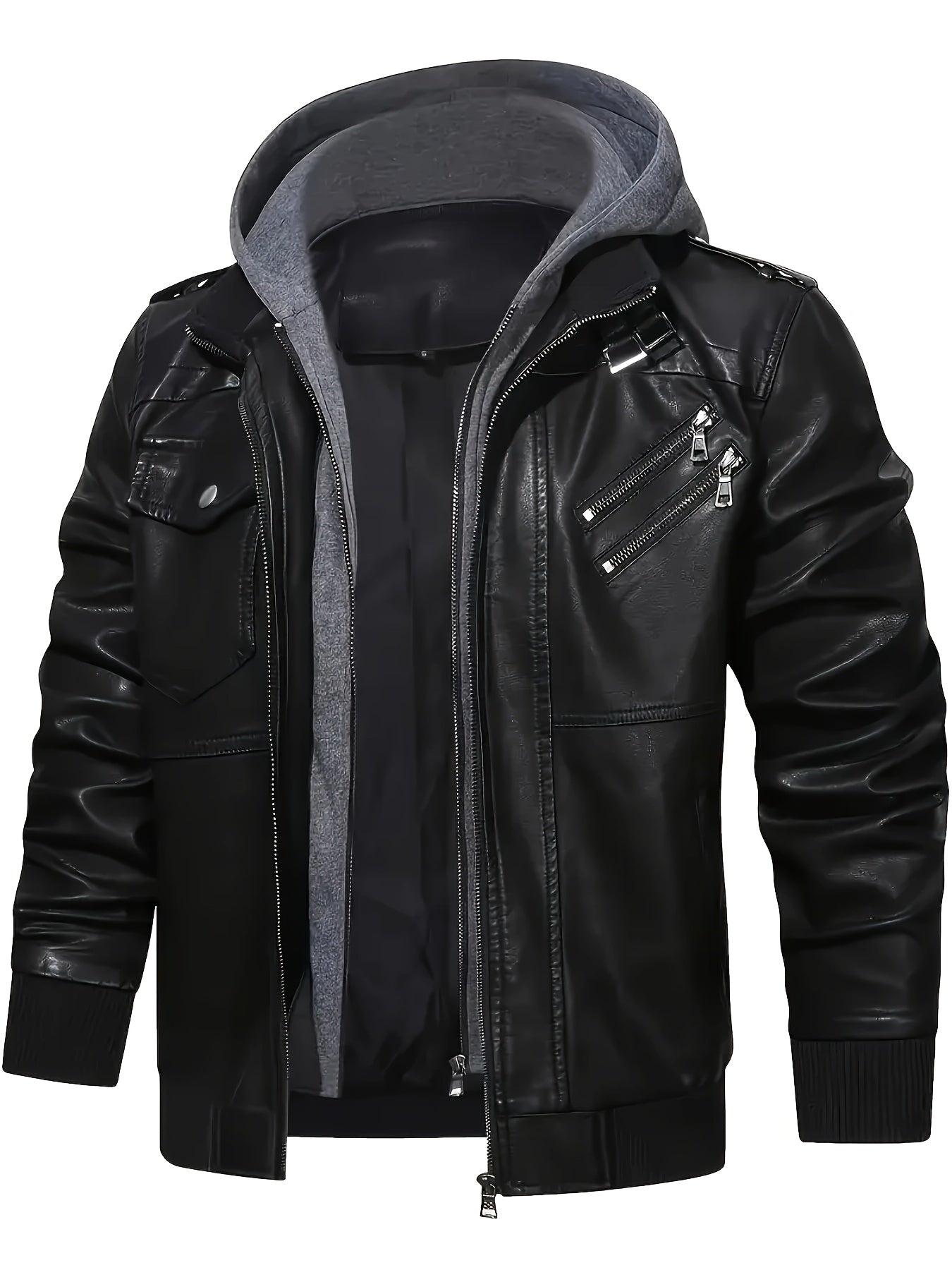 Men'S Black Hooded Jacket - Casual Style, Full - Zip Design with Pockets, Long Sleeves, Polyester Lining, Perfect for Outdoor Activities - veyora