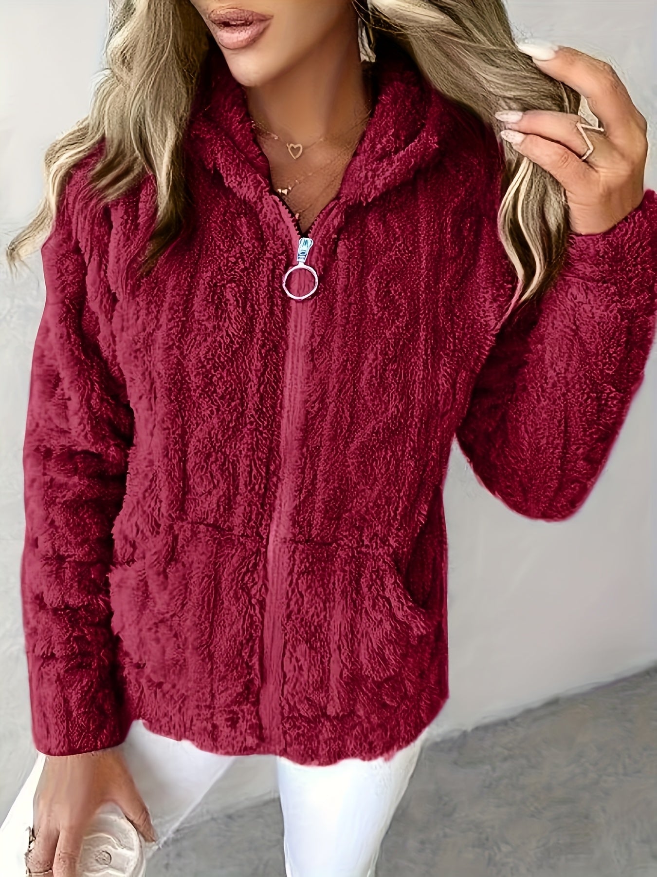 2025 Autumn/Winter Women's Casual Solid Color Warm Hooded Zipper Jacquard - Lined Long Sleeve Pocket Sweatshirt Niannian - veyora