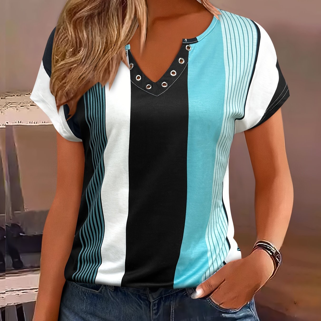 Colorblock Stripe Print V Neck T-Shirt, Casual Short Sleeve Top For Spring & Summer, Women's Clothing - veyora