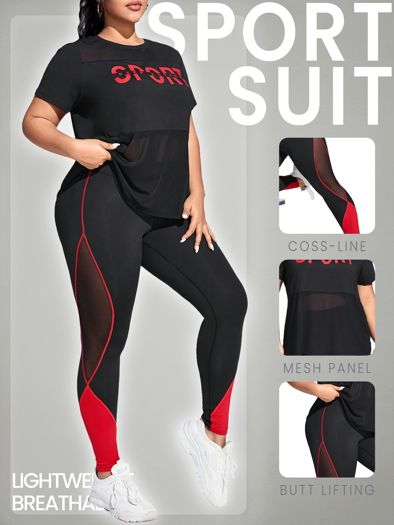[Fashionable Contrast Design] Plus Size Women's Sporty Mesh Color - Block Set - High - Stretch Breathable Top & Leggings, Casual Yoga Street Outdoor Running, Crew Neck - veyora