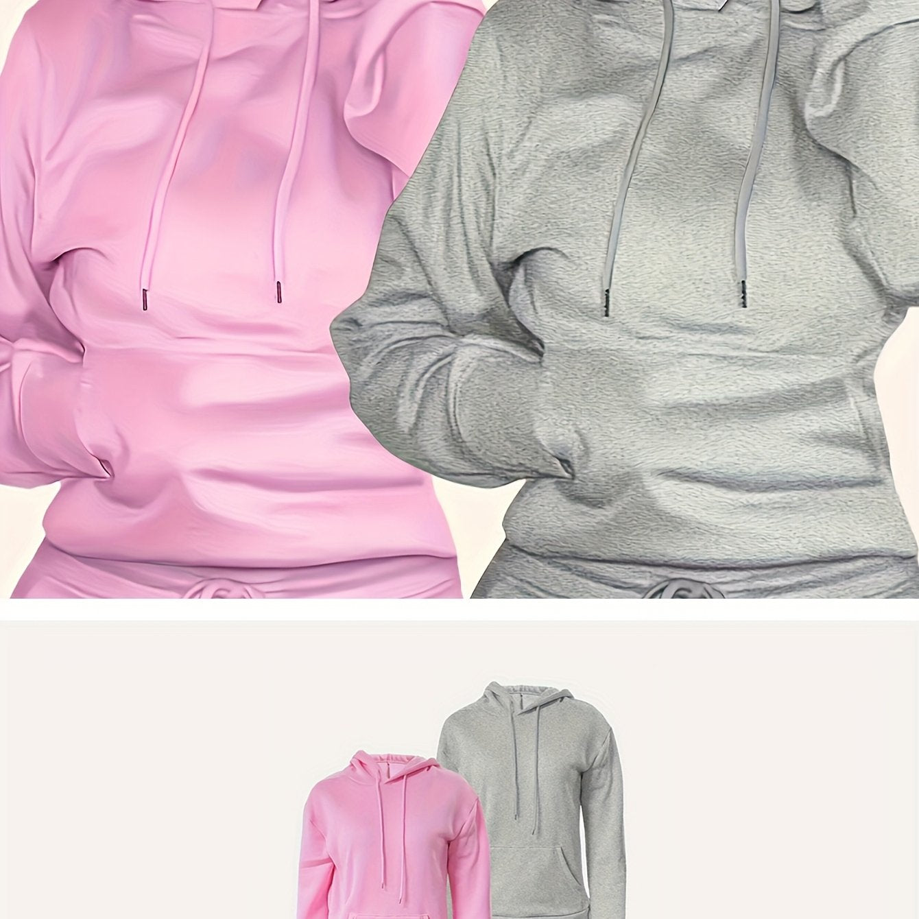 2Pcs Women's Solid Color Hoodies - Cozy Polyester Blend, Long Sleeve with Pockets Women's Tops, Machine Washable - Perfect for Fall & Winter - veyora