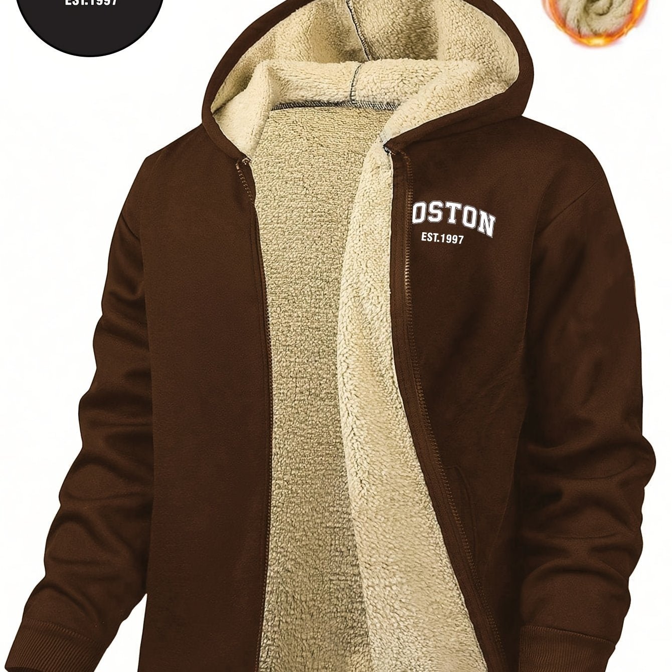 Men's Casual Zip - Up Hooded Jacket with Letter Print, Black & Beige Contrast, Regular Fit, Machine Washable, Front Pockets for Outdoor & Casual Attire - veyora