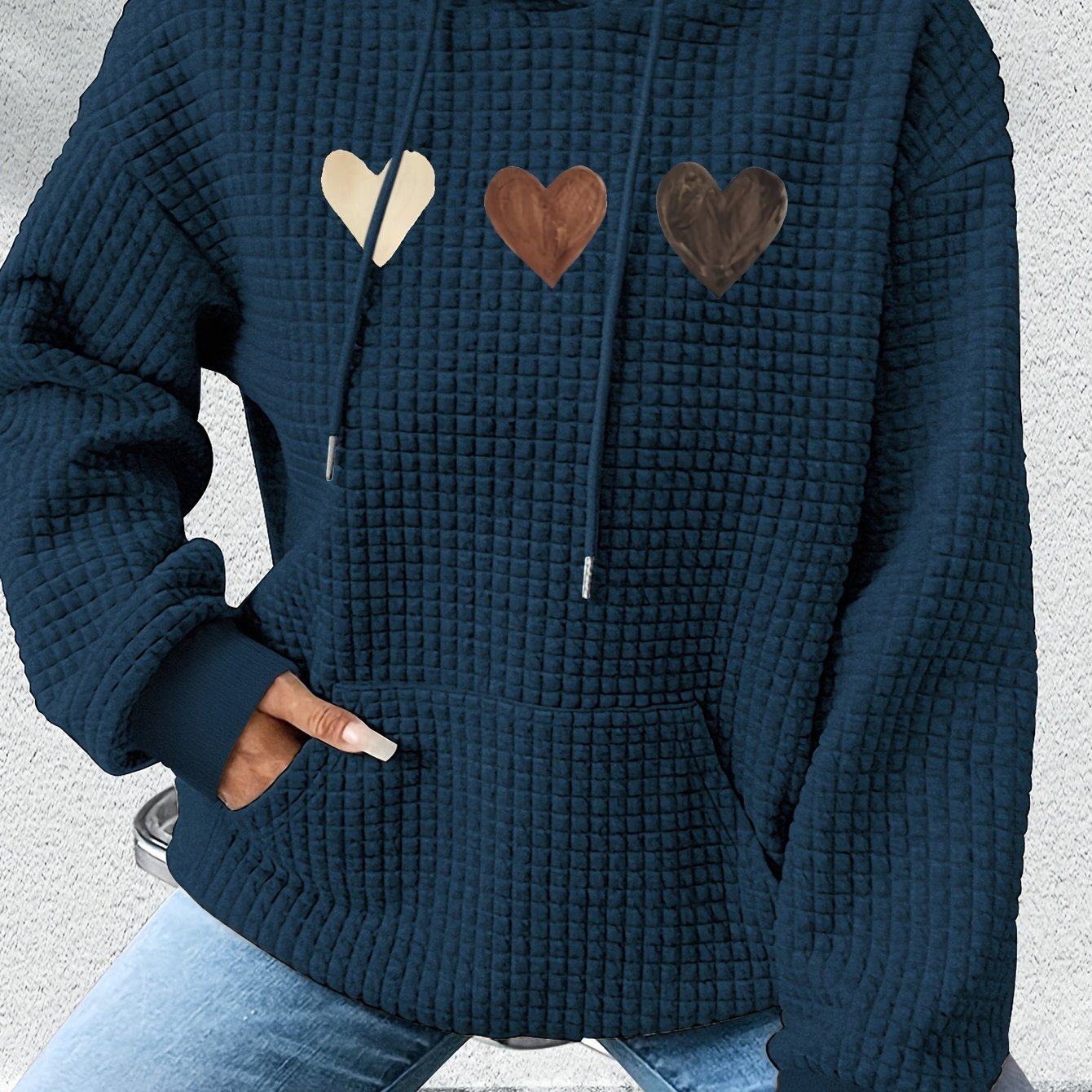 Women'S Long - Sleeve Hoodie with a Waffle Texture Featuring a Repeated Heart Pattern - veyora