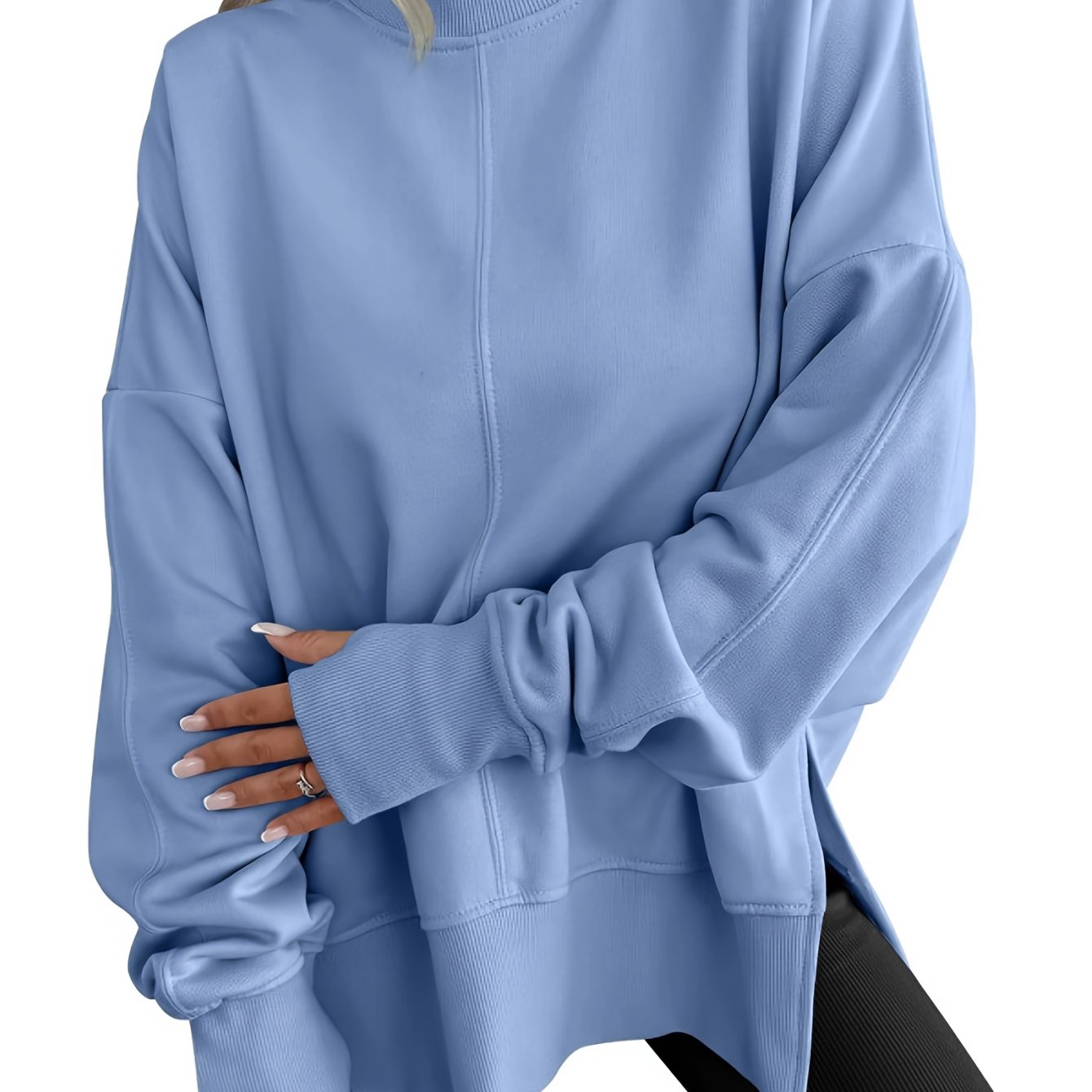 Casual Women'S Hoodie Featuring a Loose Fit, Side Slits, Round Neckline, Batwing Sleeves, And a Velvet Material - veyora