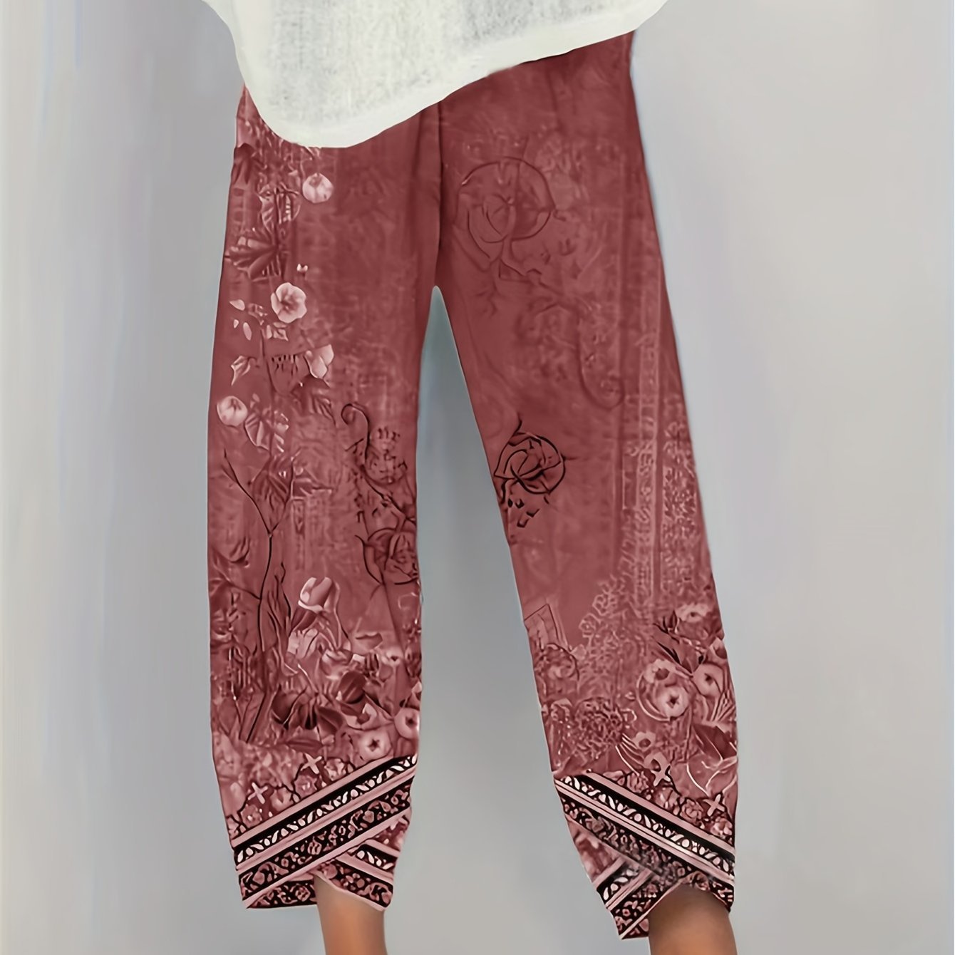 Chic Vintage Floral Capri Pants - Casual and Comfortable with an Elastic Waist and Pockets - veyora