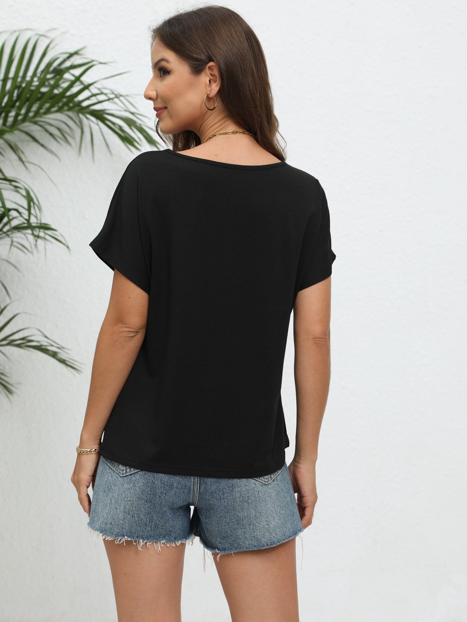 Women'S Stylish V - Neck Batwing Sleeve Solid Color T-Shirt - veyora