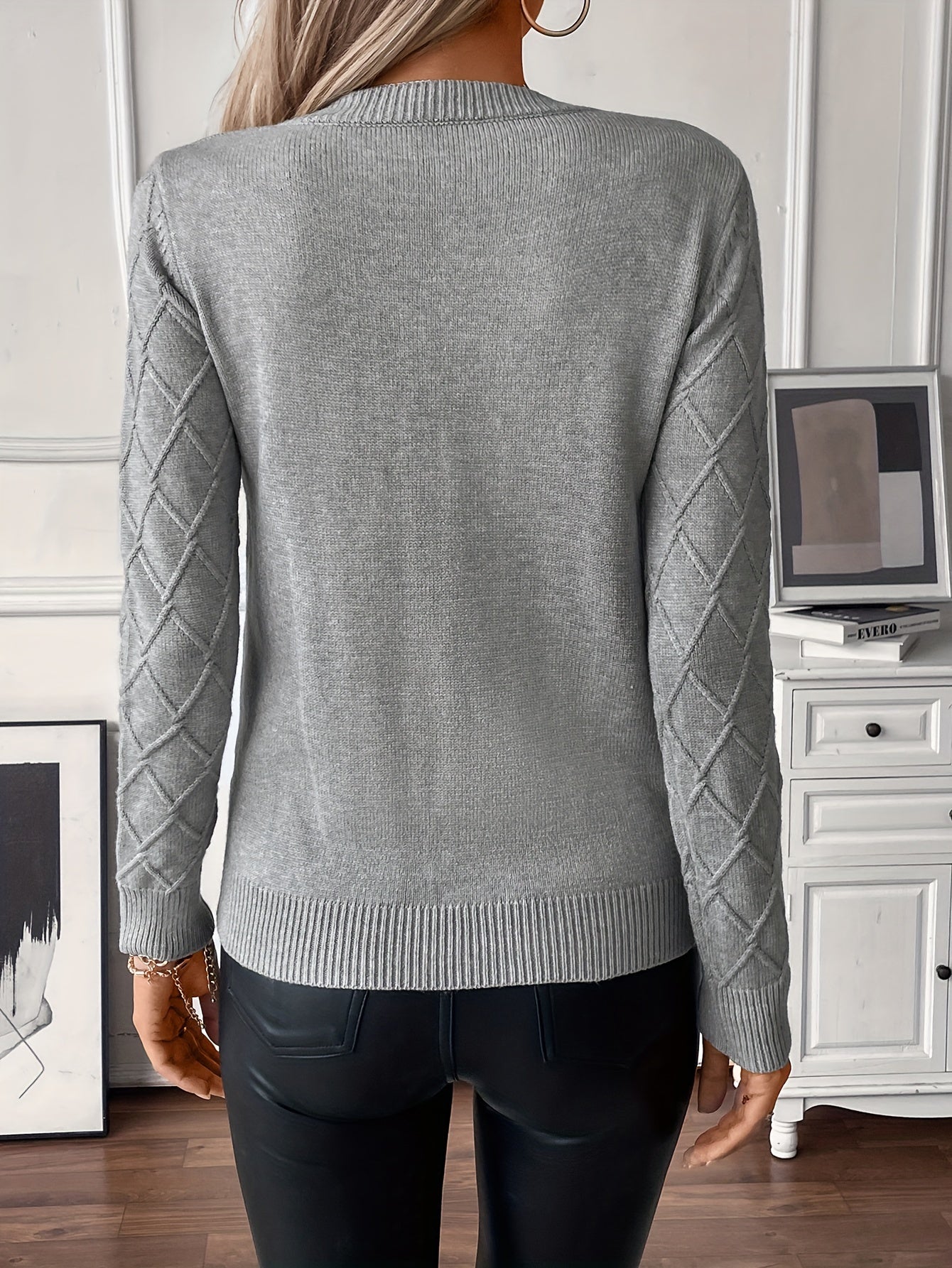 Crew Neck Solid Simple Knitted Sweater, Casual Long Sleeve Sweater, Women's Clothing