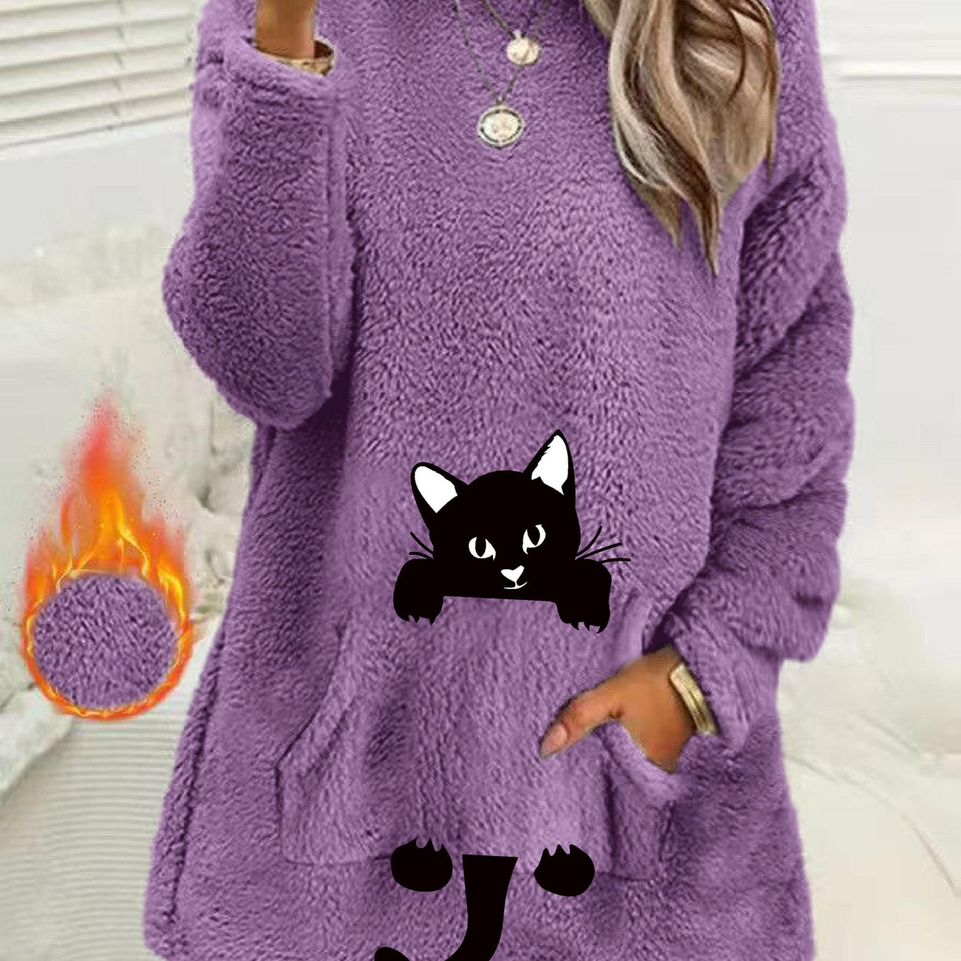 Women's Geometric Print Fleece Pullover Sweatshirt - Soft Long Sleeve Round Neck with Pockets, Machine Washable Casual Winter Wear, Elegant Regular Fit for All Seasons, Cute Sweatshirts, Allseason Apparel, Comfortable Pockets - veyora