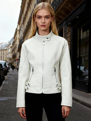 Women'S Zip - Up Faux Leather Motorcycle Jacket, Faux Leather Stand Collar Top, Stylish Fitted Coat, New Women'S Fashion - veyora