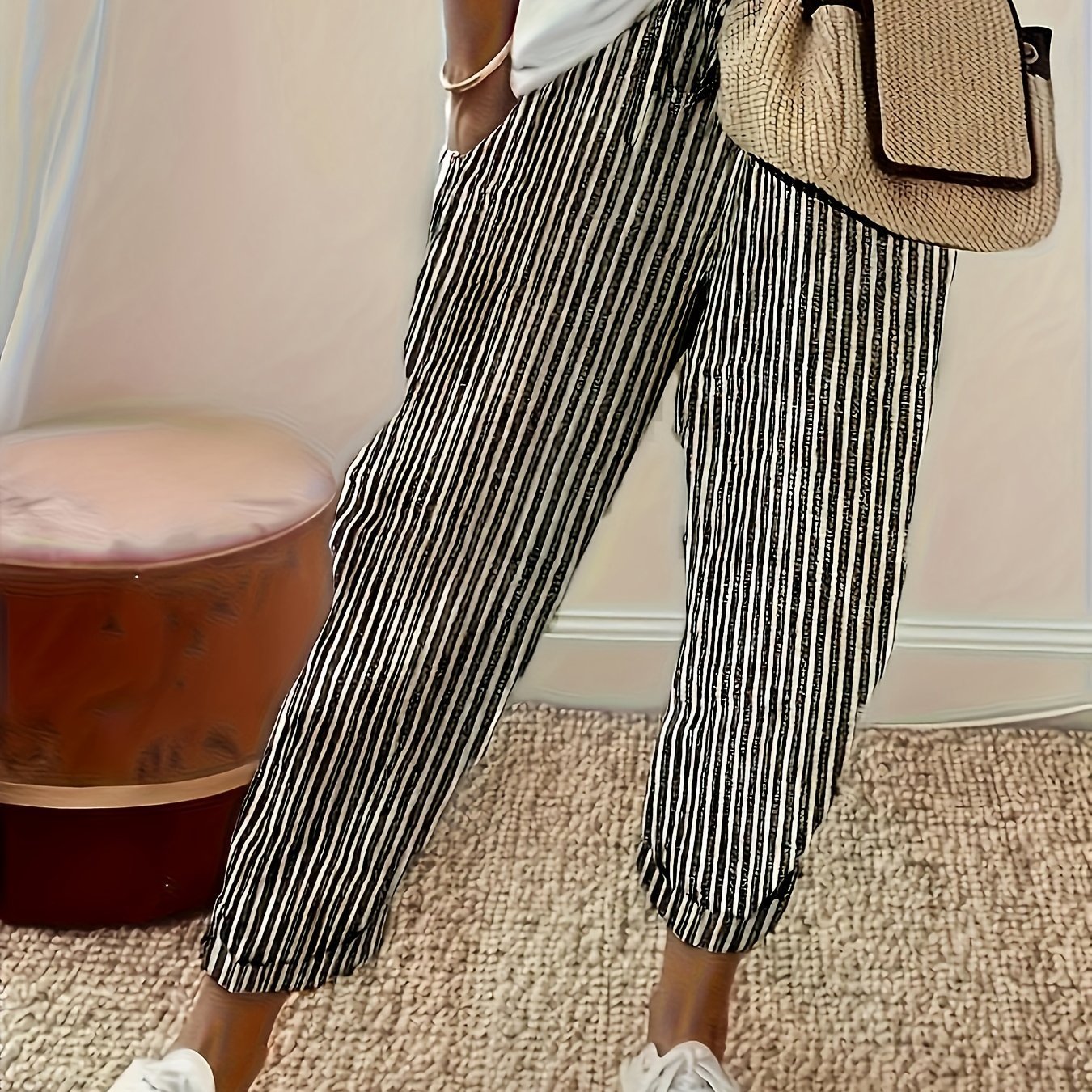 Women's Striped Wide - Leg Casual Pants - High - Waisted, Lightweight Polyester, Machine Washable, All - Season Comfort with Side Stripe Detail - veyora