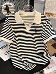 Knight Stripe Embroidered Women's Neck Short Sleeve T-Shirt, Stylish Stripe Contrast Color Versatile Casual Summer Top, Machine Washable All - Season Comfort Fit - veyora
